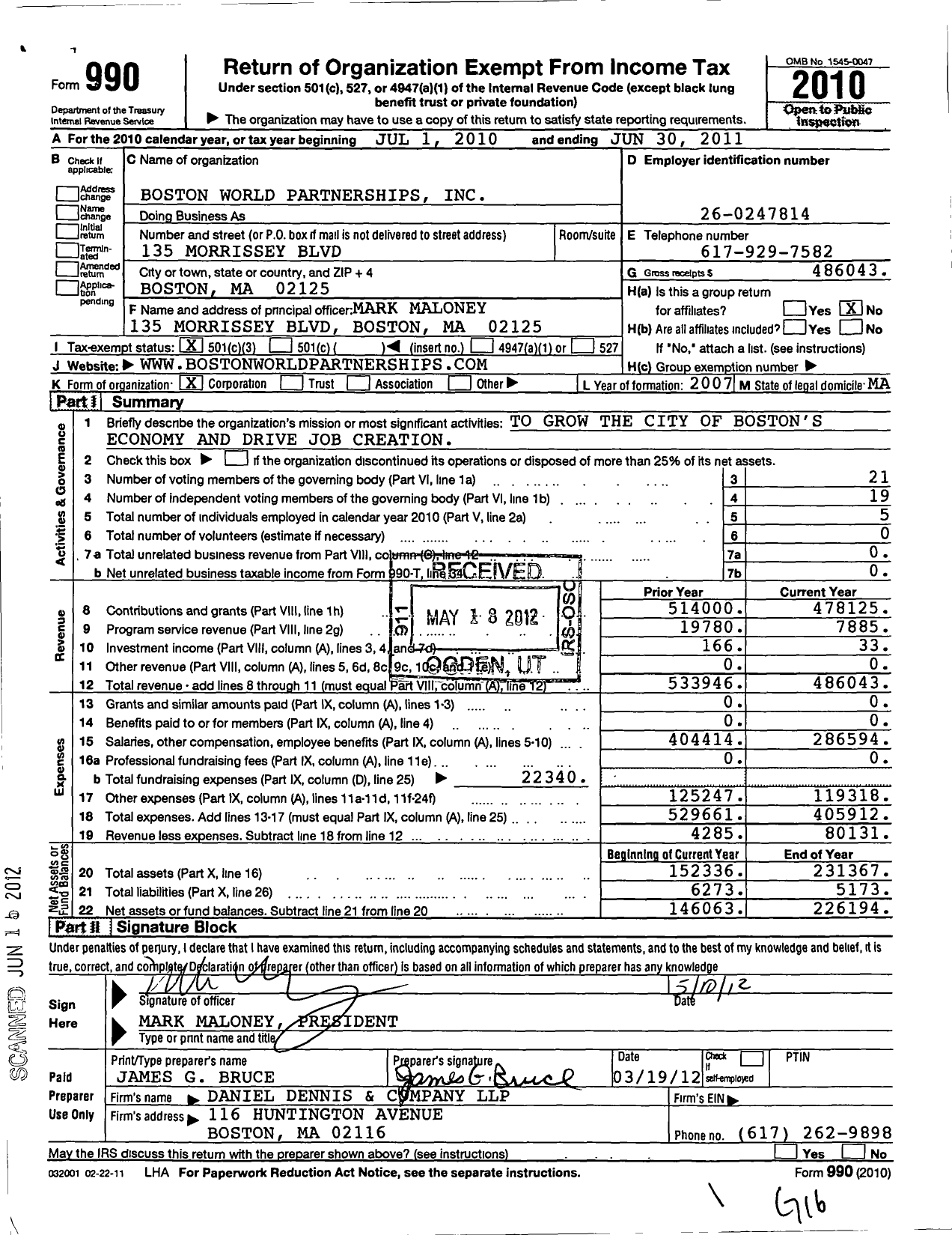 Image of first page of 2010 Form 990 for Boston World Partnerships