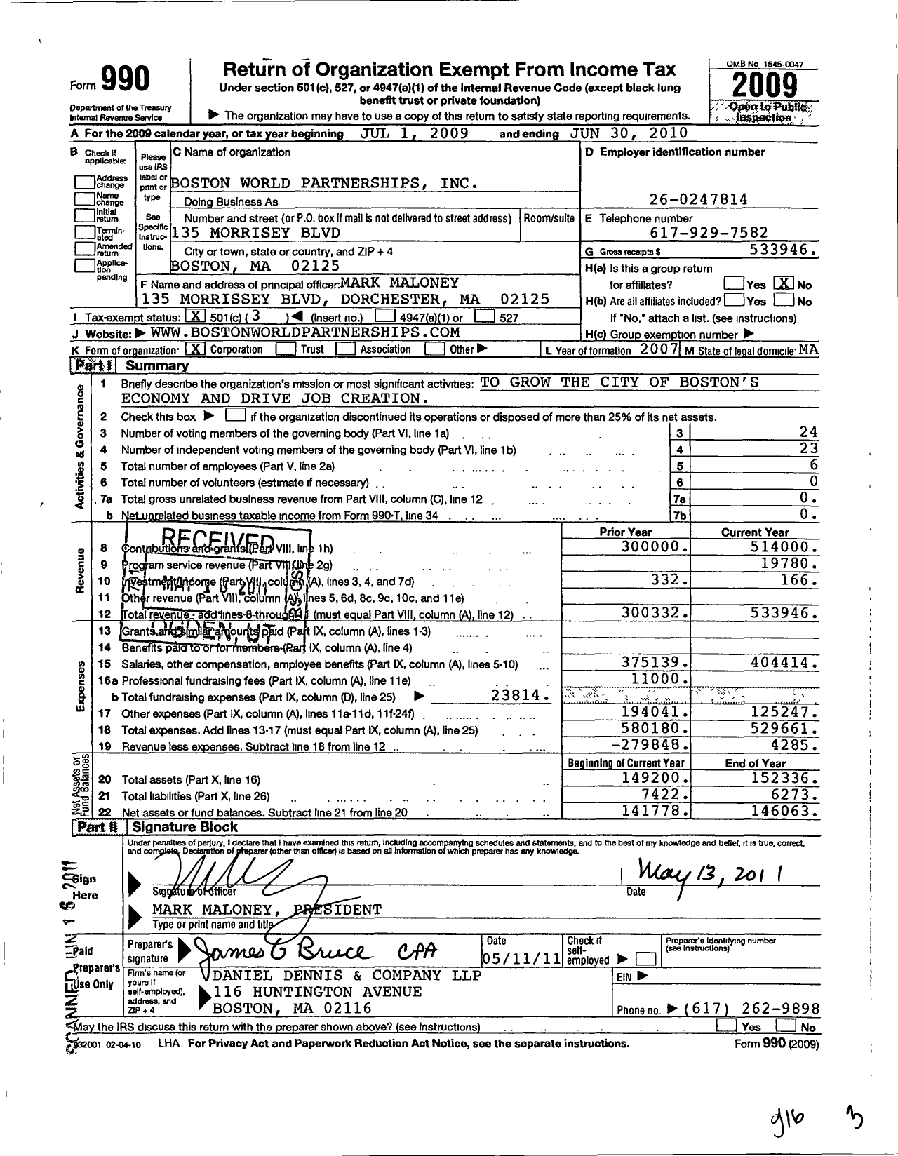 Image of first page of 2009 Form 990 for Boston World Partnerships