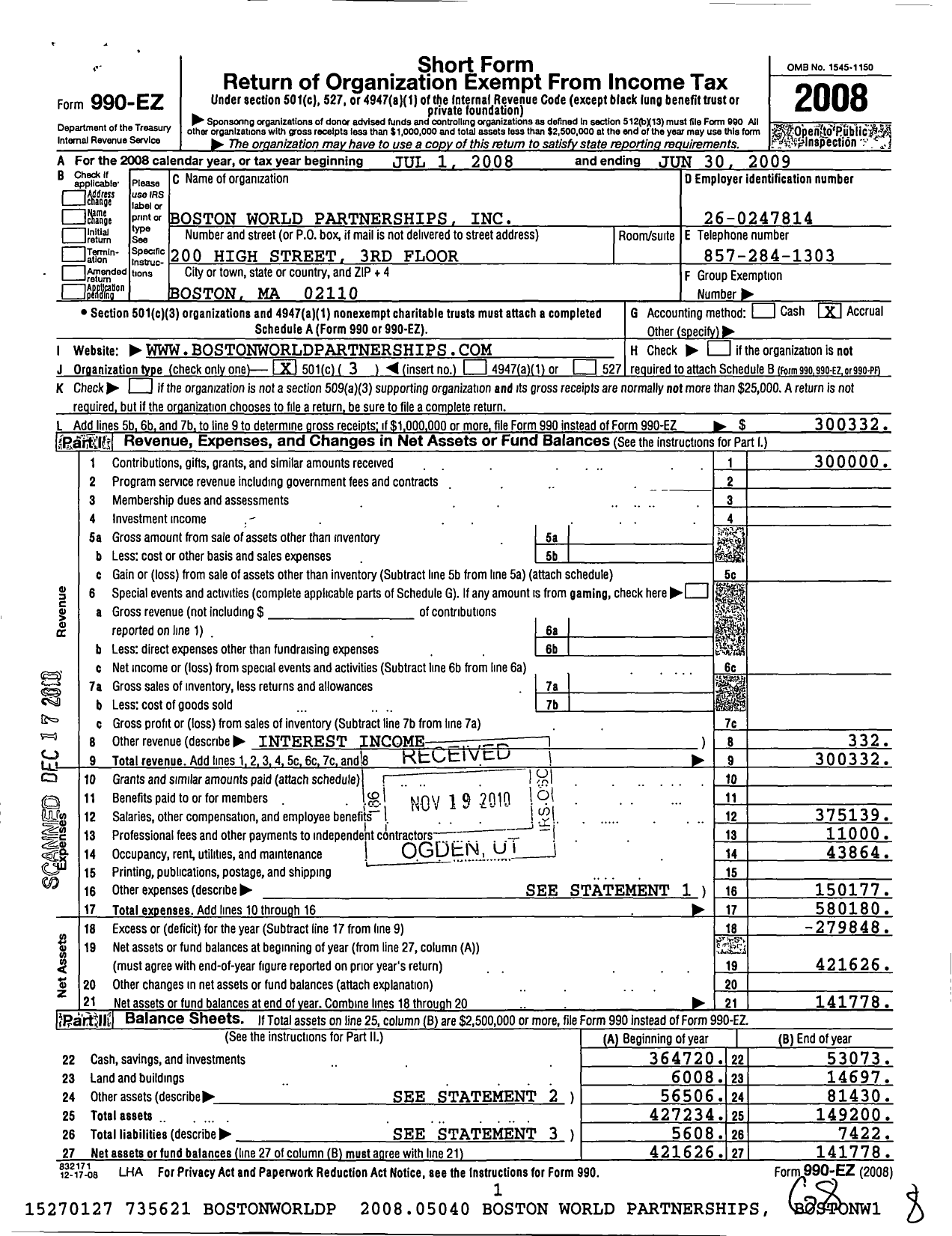 Image of first page of 2008 Form 990EZ for Boston World Partnerships