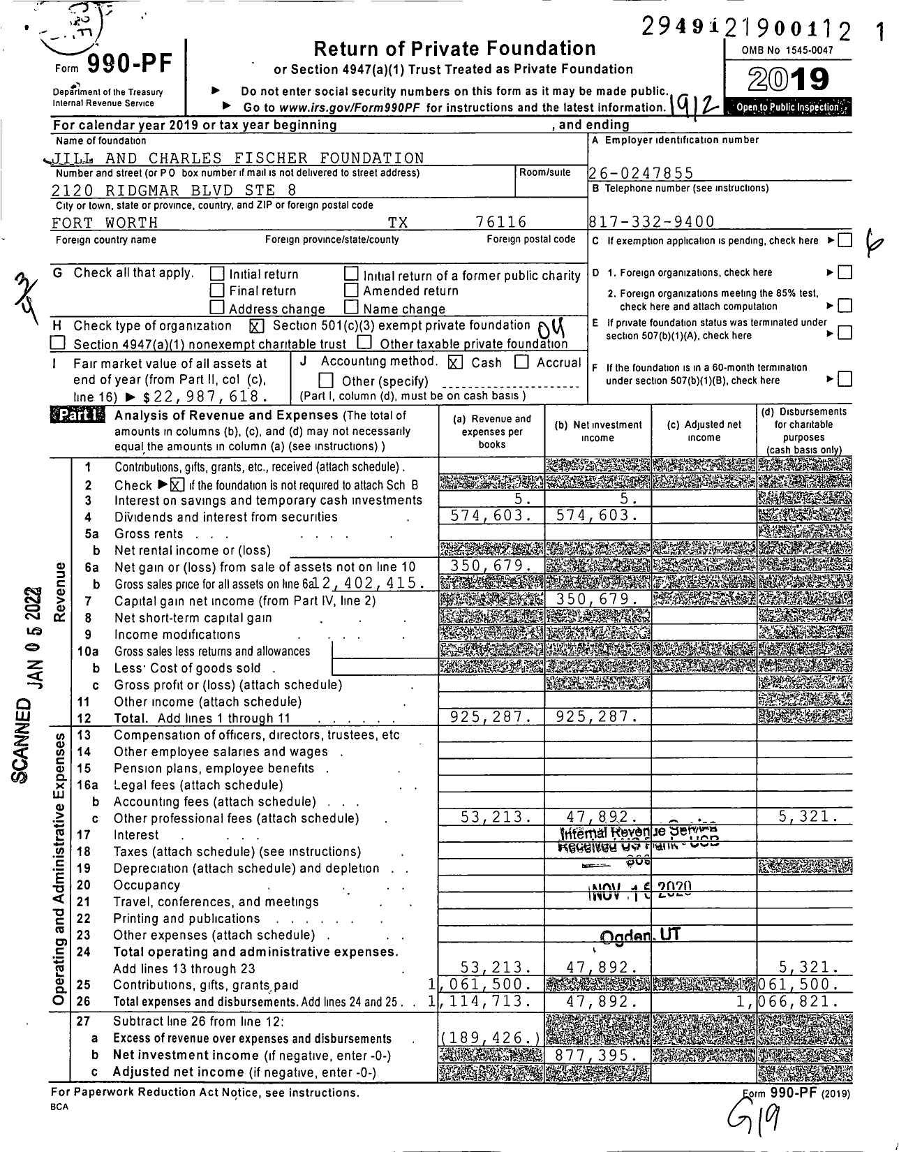 Image of first page of 2019 Form 990PF for Jill and Charles Fischer Foundation