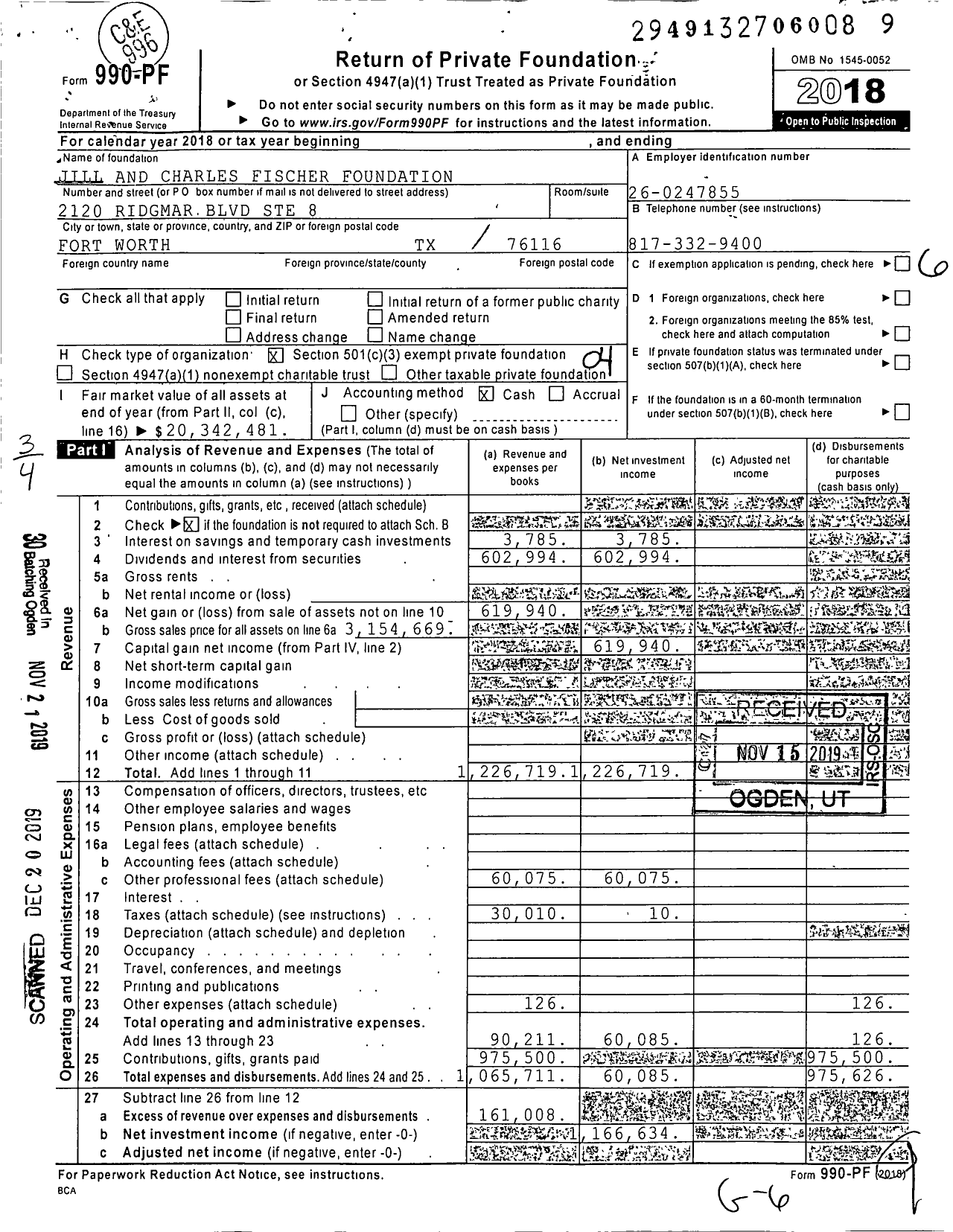 Image of first page of 2018 Form 990PF for Jill and Charles Fischer Foundation