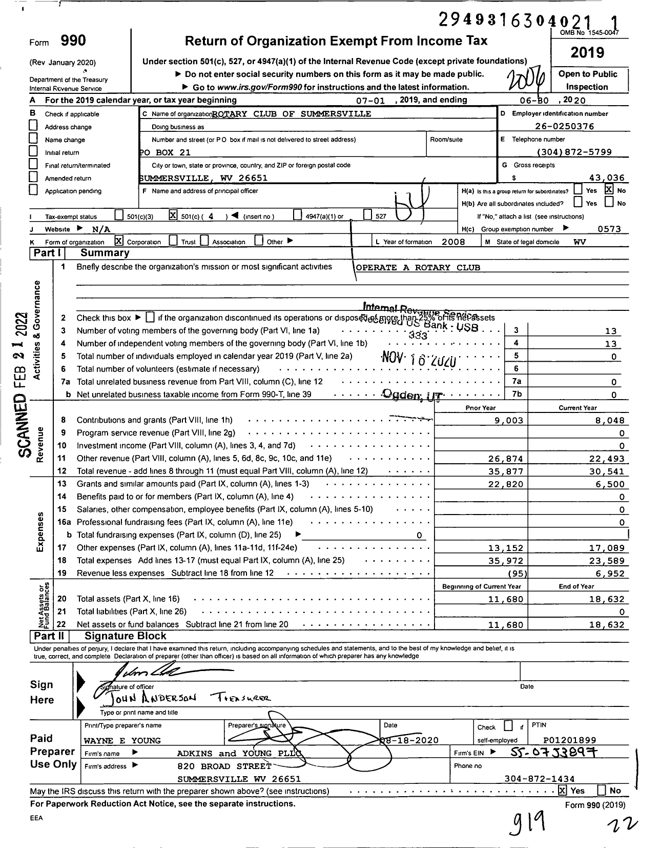 Image of first page of 2019 Form 990O for Rotary International - Summersville