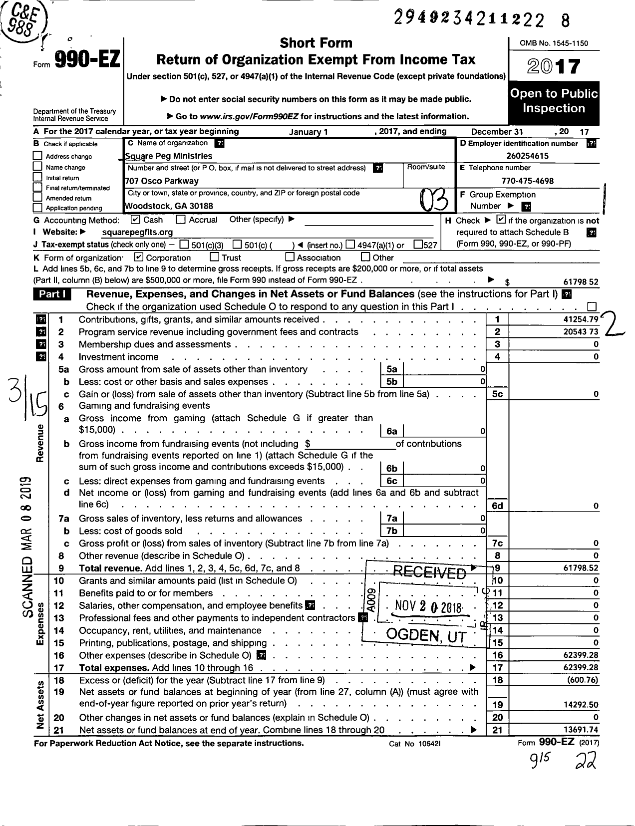 Image of first page of 2017 Form 990EZ for Square Peg Ministries