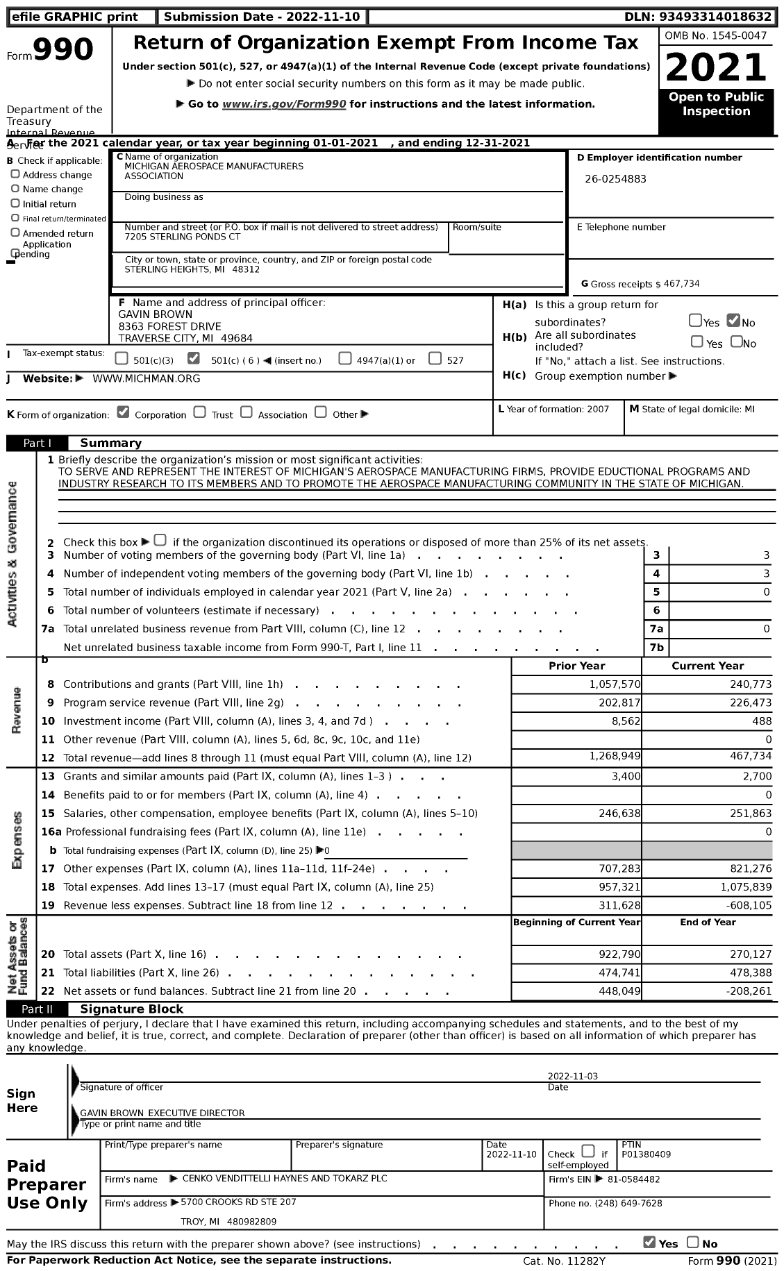 Image of first page of 2021 Form 990 for Michigan Aerospace Manufacturers Association