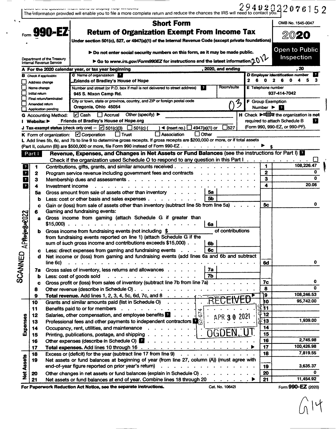 Image of first page of 2020 Form 990EZ for Friends of Bradleys House of Hope