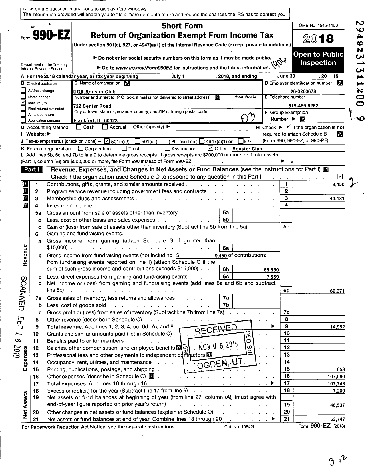 Image of first page of 2018 Form 990EZ for Uga Booster Club