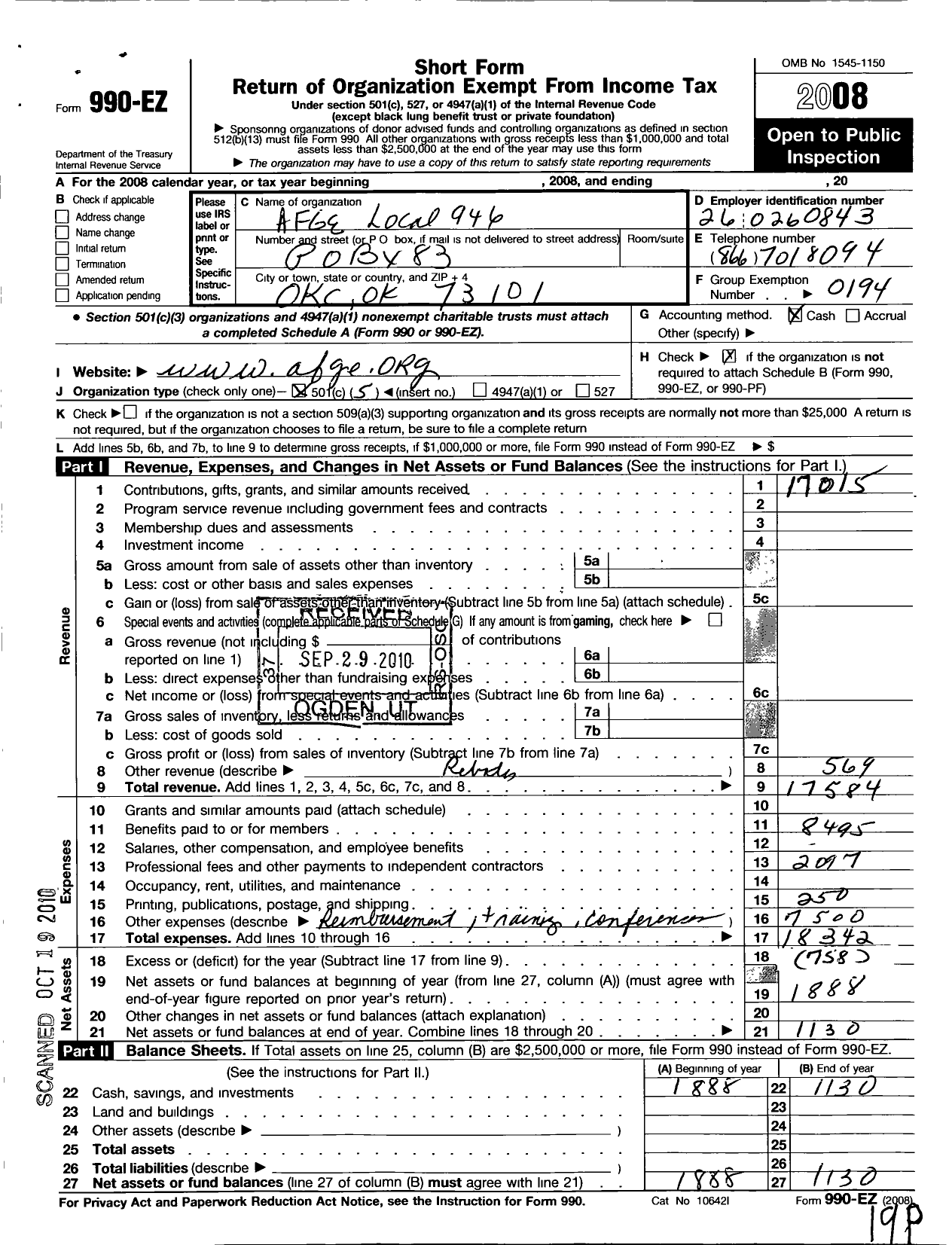 Image of first page of 2008 Form 990EO for American Federation of Government Employees - 0946 Afge Local