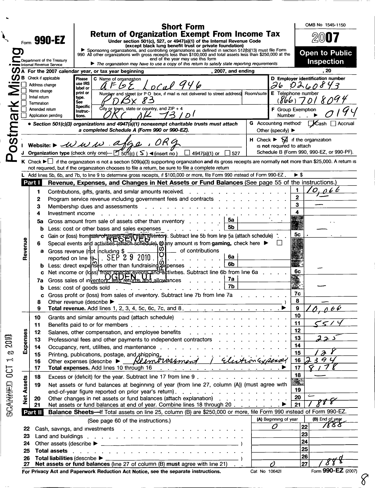 Image of first page of 2007 Form 990EO for American Federation of Government Employees - 0946 Afge Local