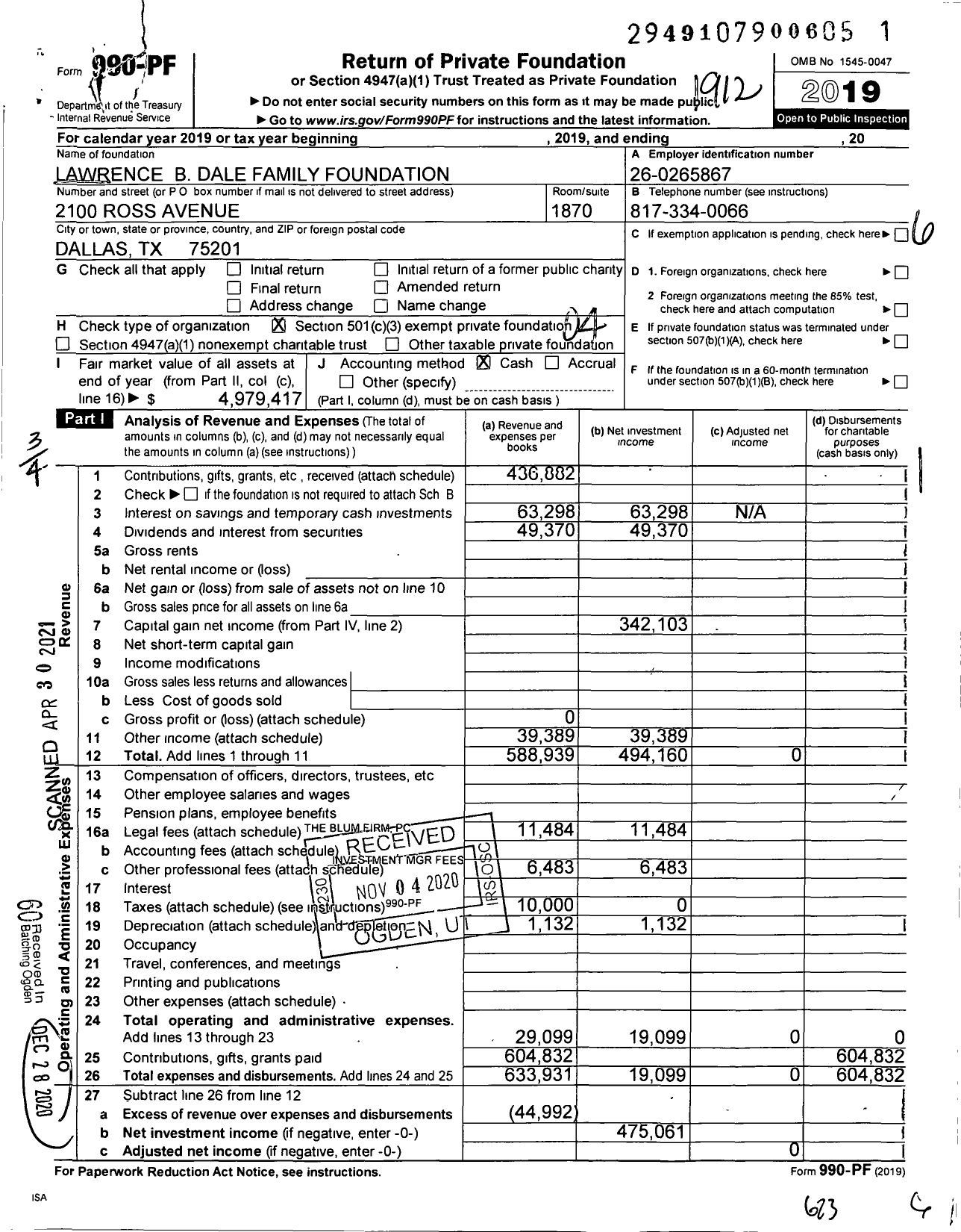 Image of first page of 2019 Form 990PF for Lawrence B Dale Family Foundation