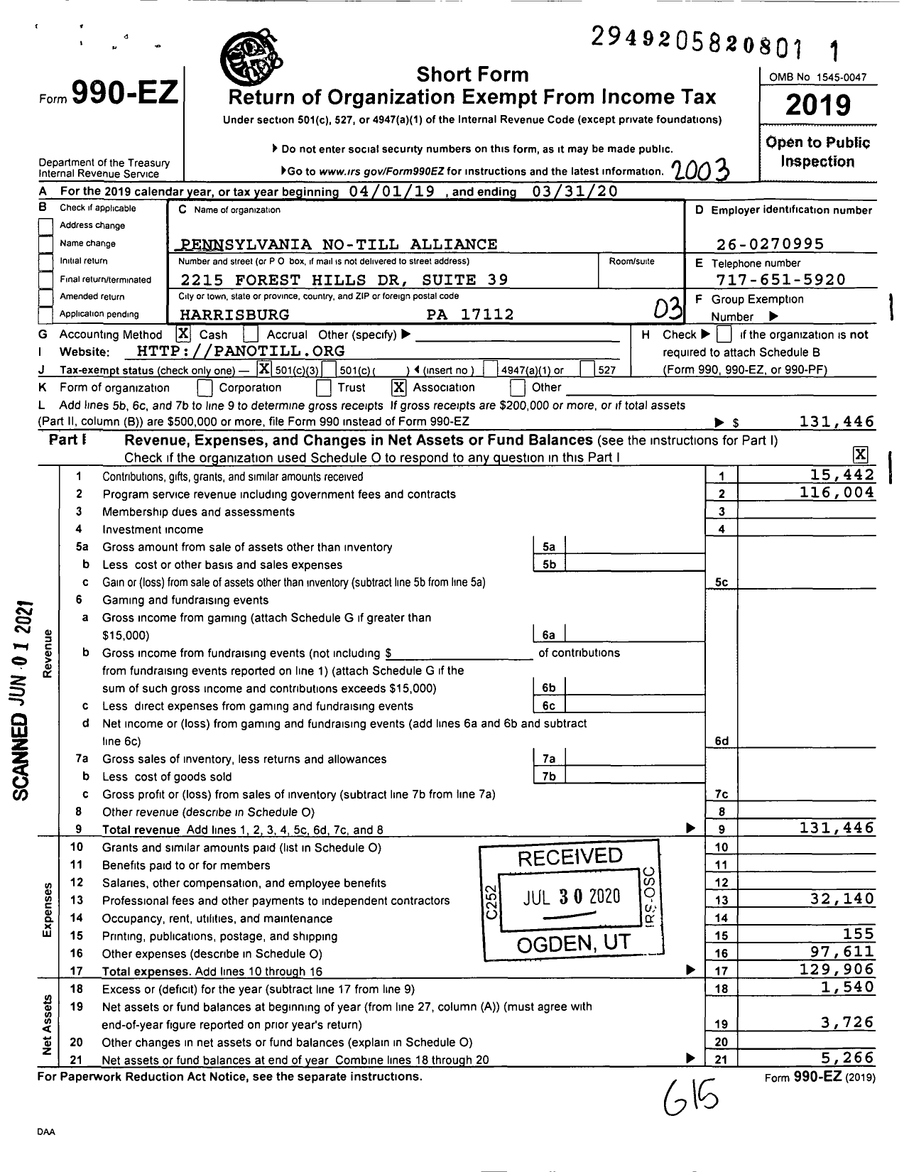 Image of first page of 2019 Form 990EZ for Pennsylvania No-Till Alliance