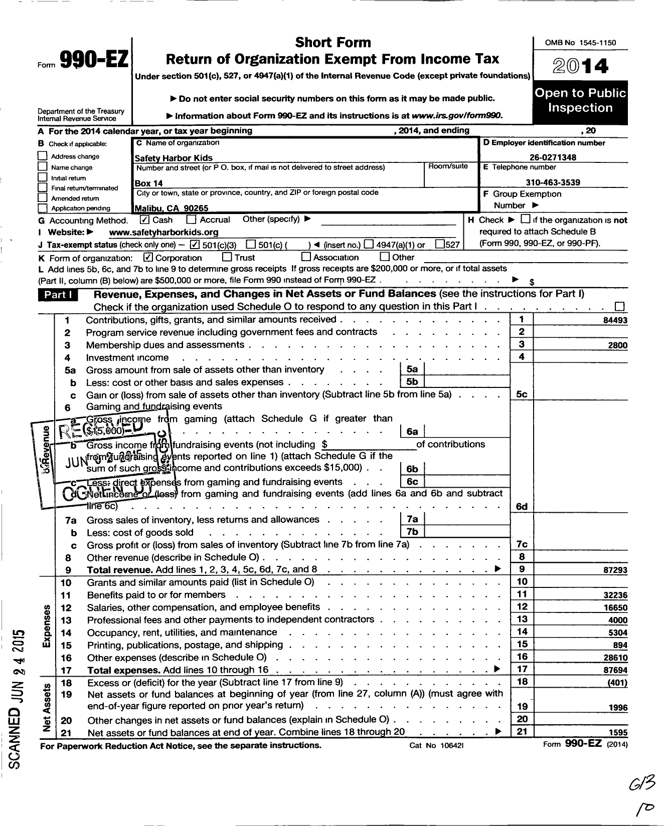 Image of first page of 2014 Form 990EZ for Safety Harbor Kids