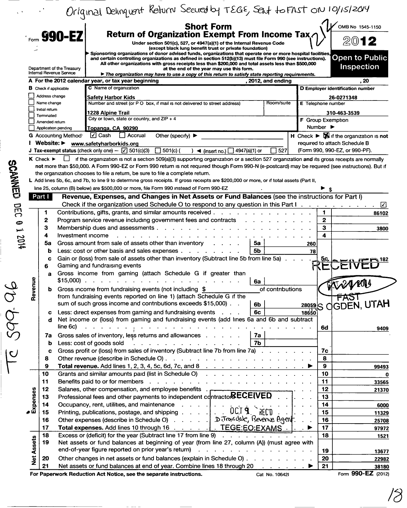 Image of first page of 2012 Form 990EZ for Safety Harbor Kids