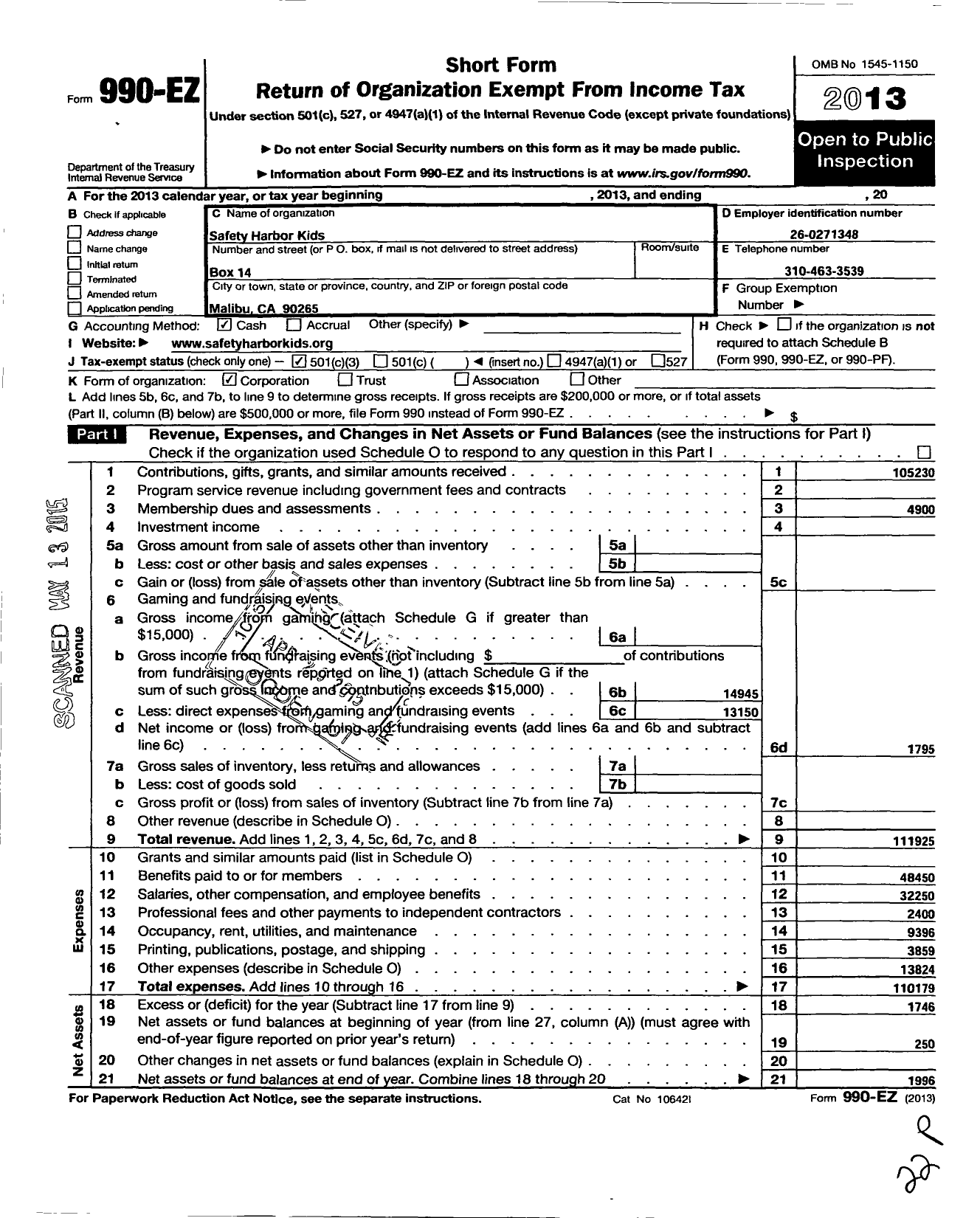 Image of first page of 2013 Form 990EZ for Safety Harbor Kids