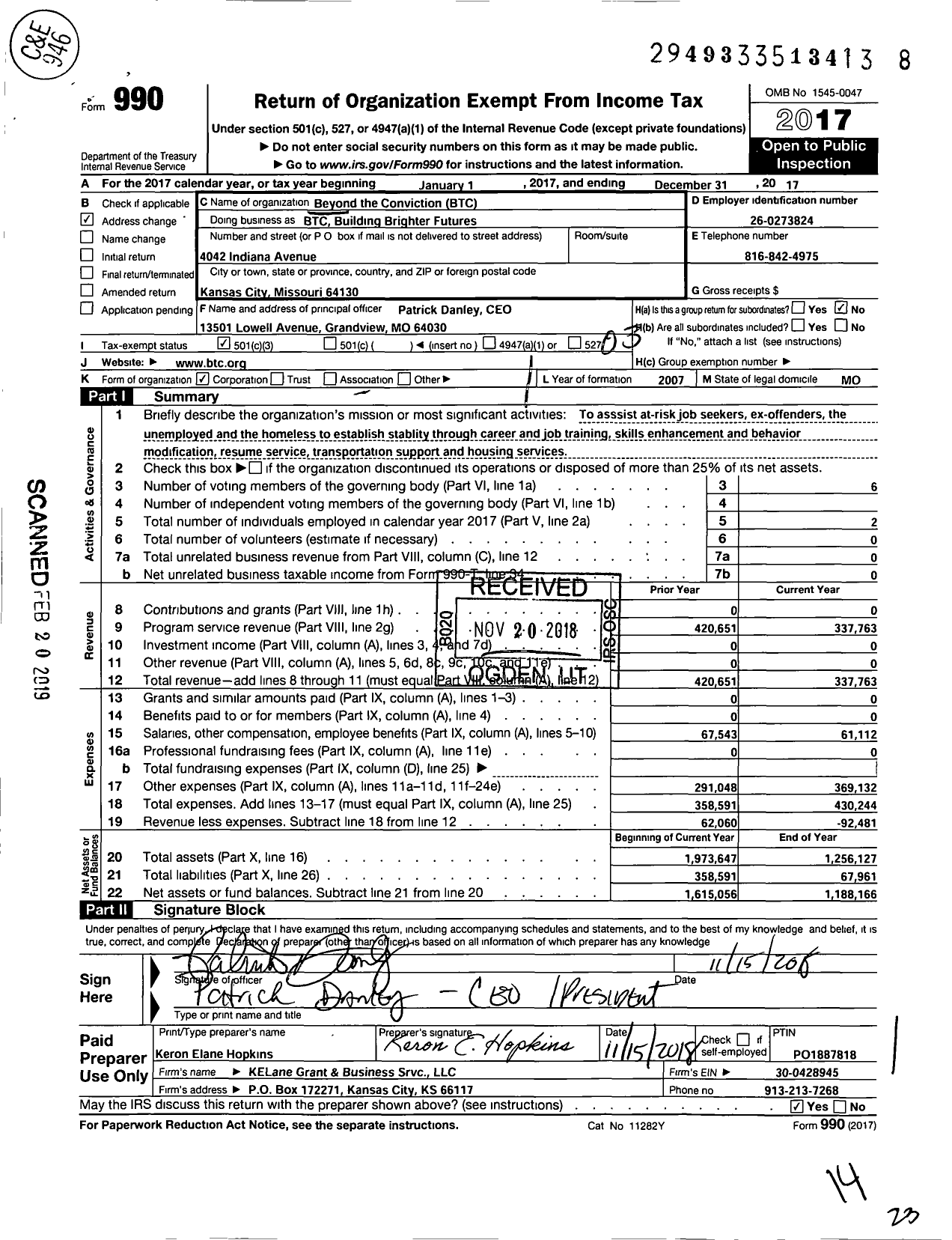 Image of first page of 2017 Form 990 for BTC Building Brighter Futures