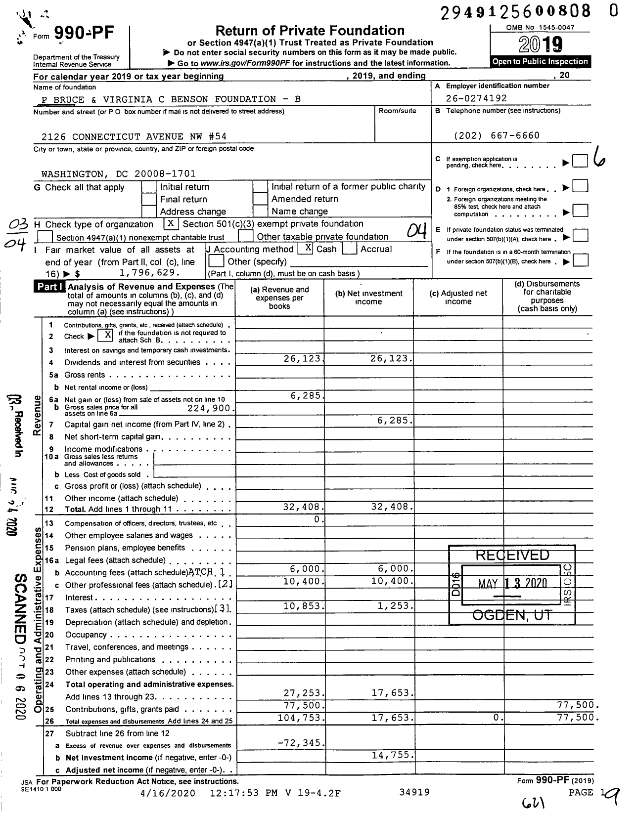 Image of first page of 2019 Form 990PR for P Bruce and Virginia C Benson Foundation - B