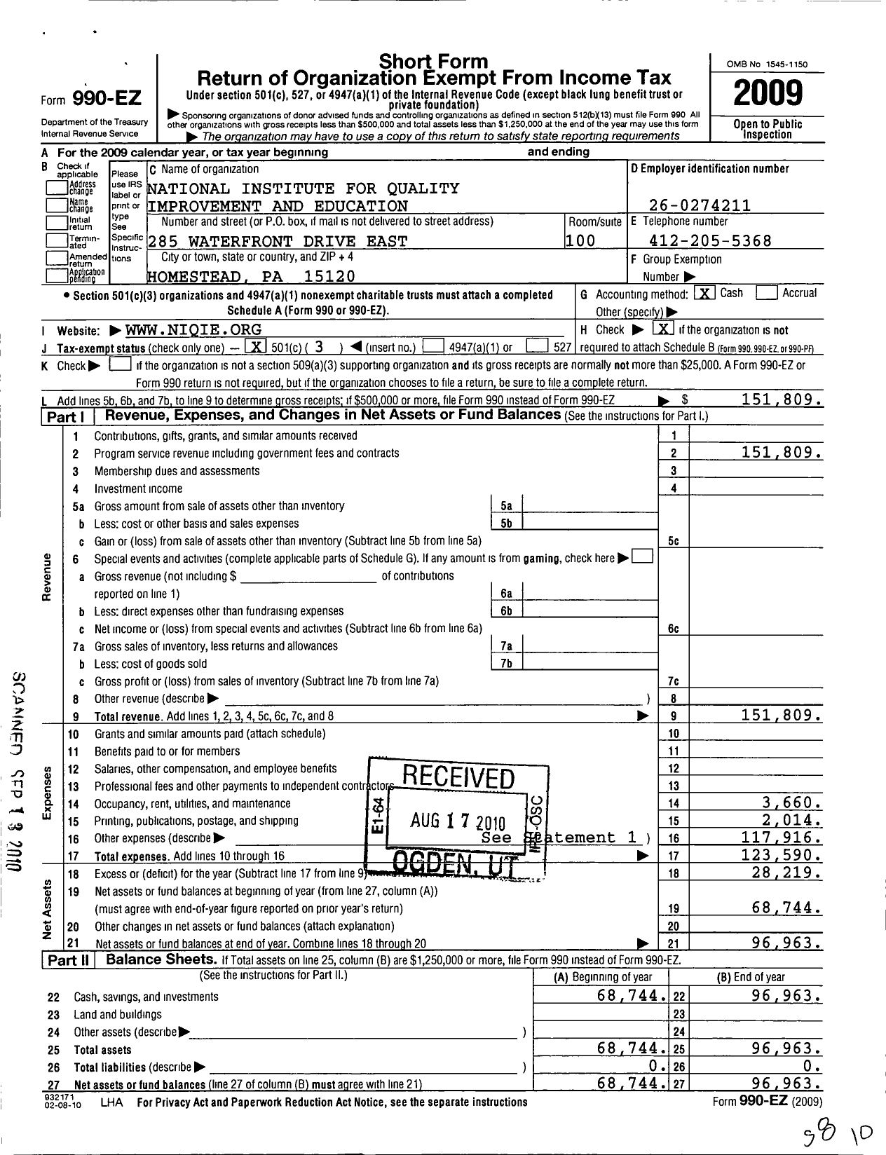 Image of first page of 2009 Form 990EZ for National Institute for Quality Improvement and Education