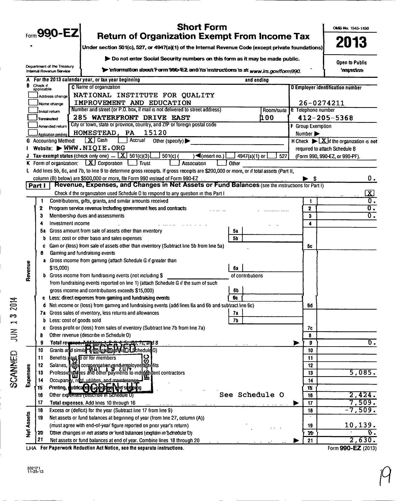 Image of first page of 2013 Form 990EZ for National Institute for Quality Improvement and Education