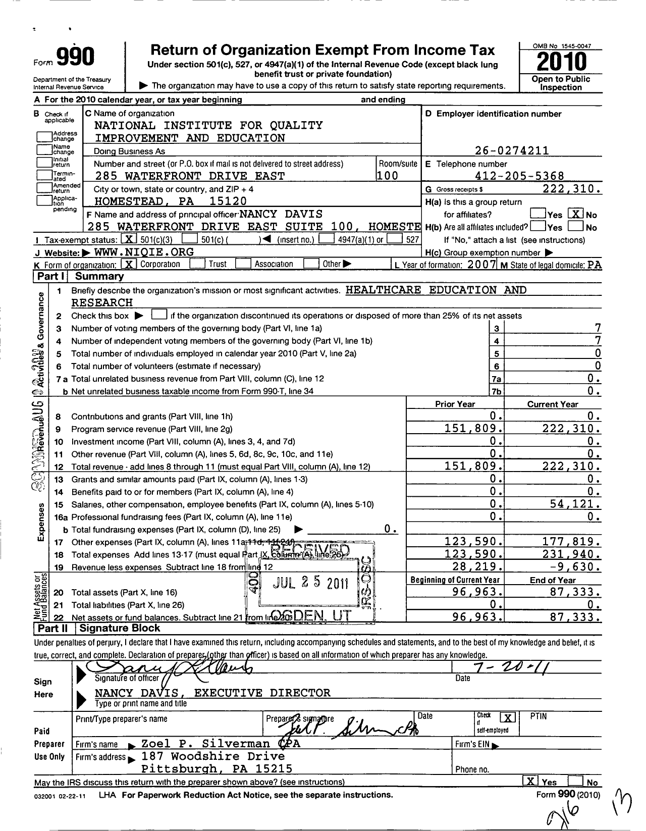 Image of first page of 2010 Form 990 for National Institute for Quality Improvement and Education