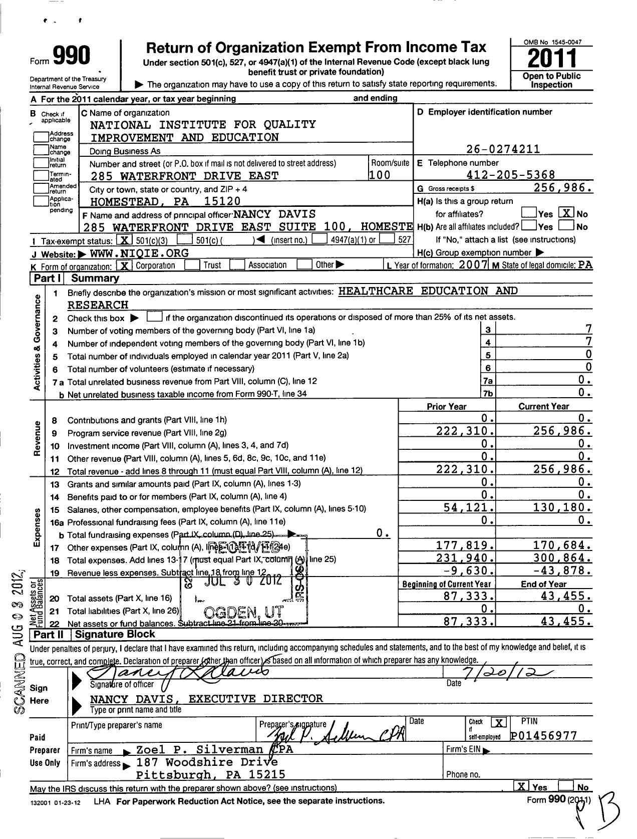 Image of first page of 2011 Form 990 for National Institute for Quality Improvement and Education