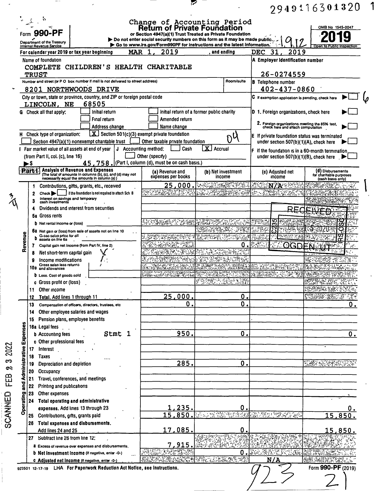 Image of first page of 2019 Form 990PF for Complete Children's Health Charitable Trust