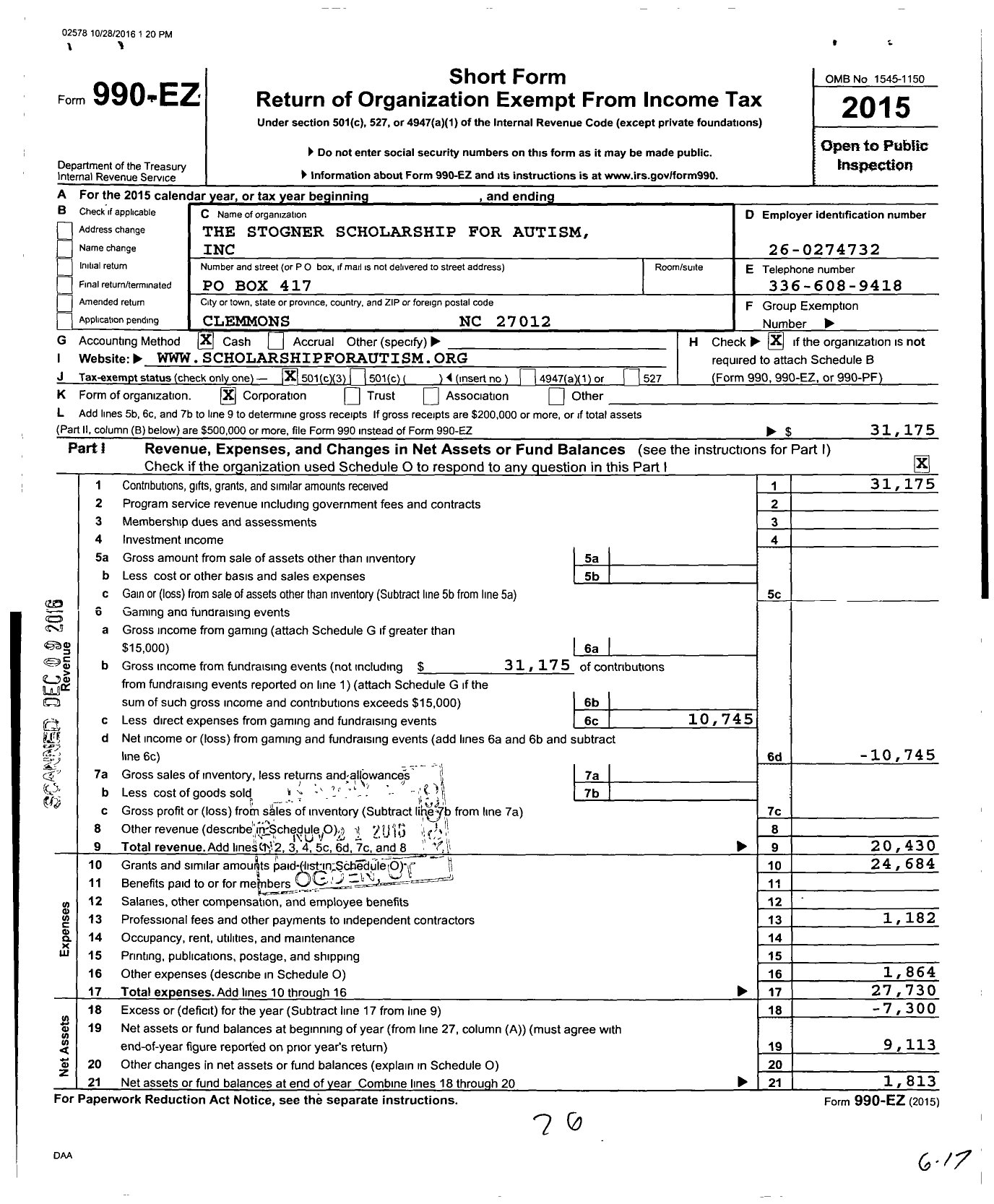 Image of first page of 2015 Form 990EZ for The Stogner Scholarship for Autism