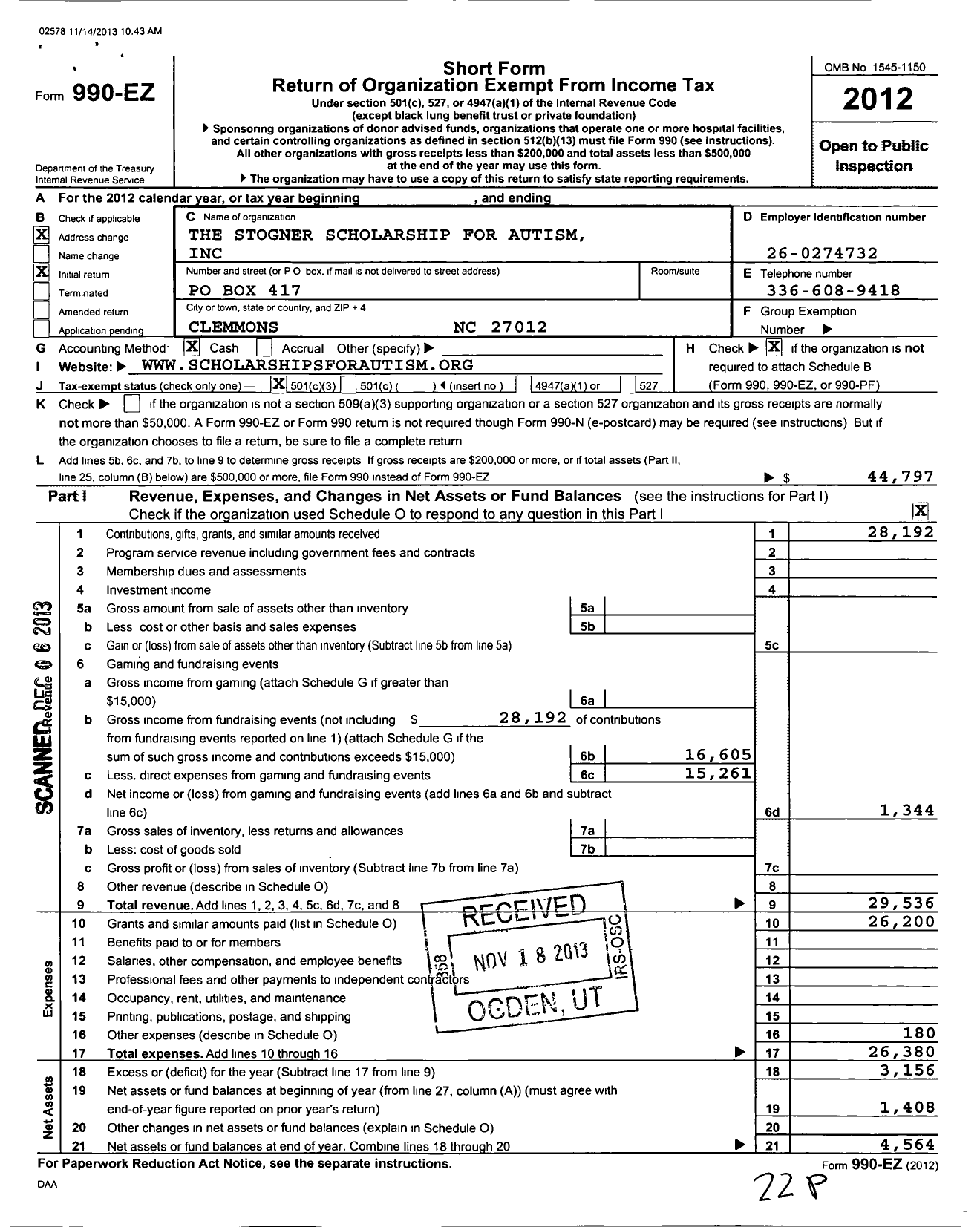 Image of first page of 2012 Form 990EZ for The Stogner Scholarship for Autism