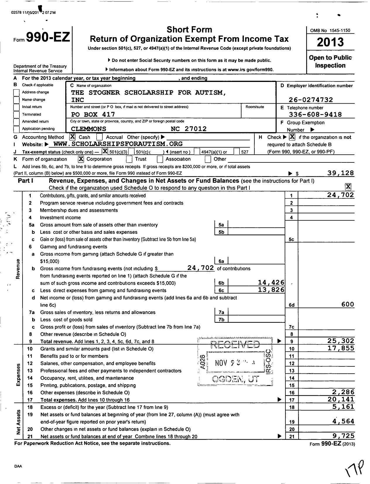 Image of first page of 2013 Form 990EZ for The Stogner Scholarship for Autism