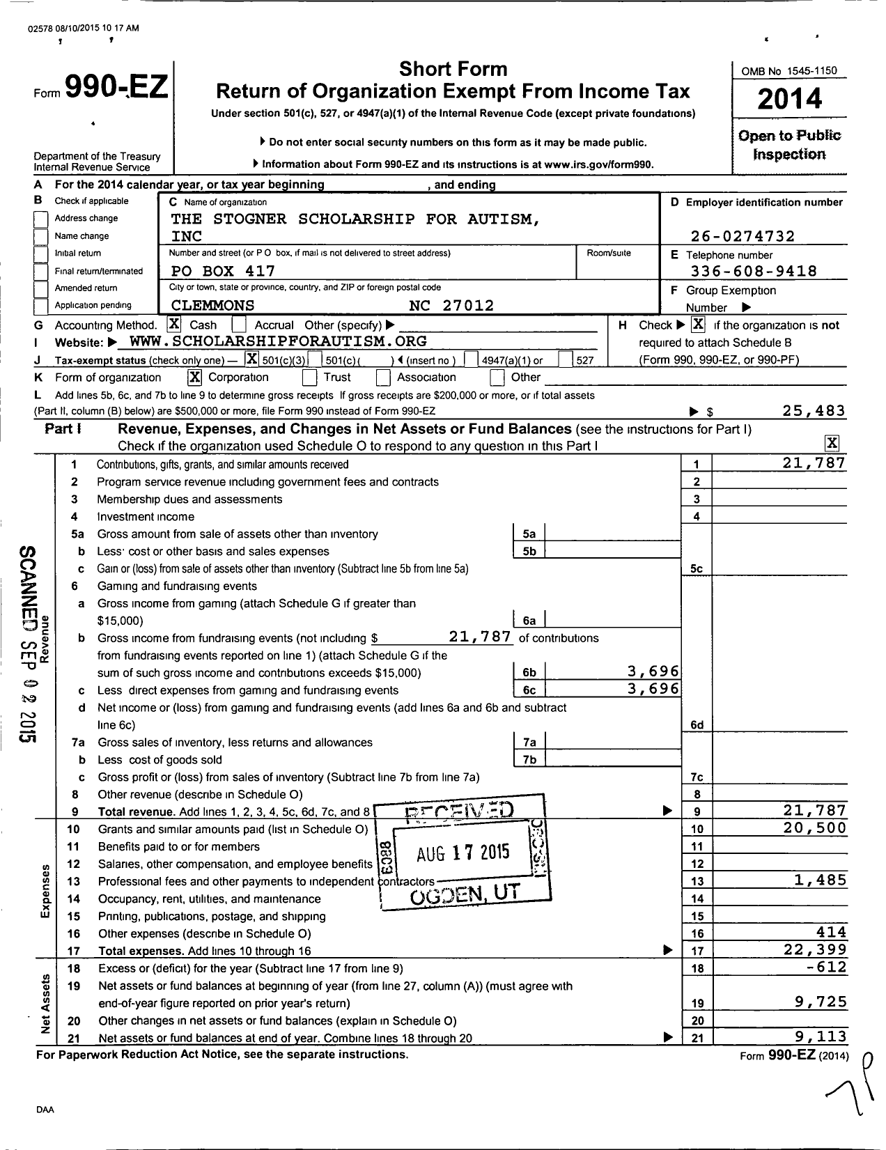 Image of first page of 2014 Form 990EZ for The Stogner Scholarship for Autism