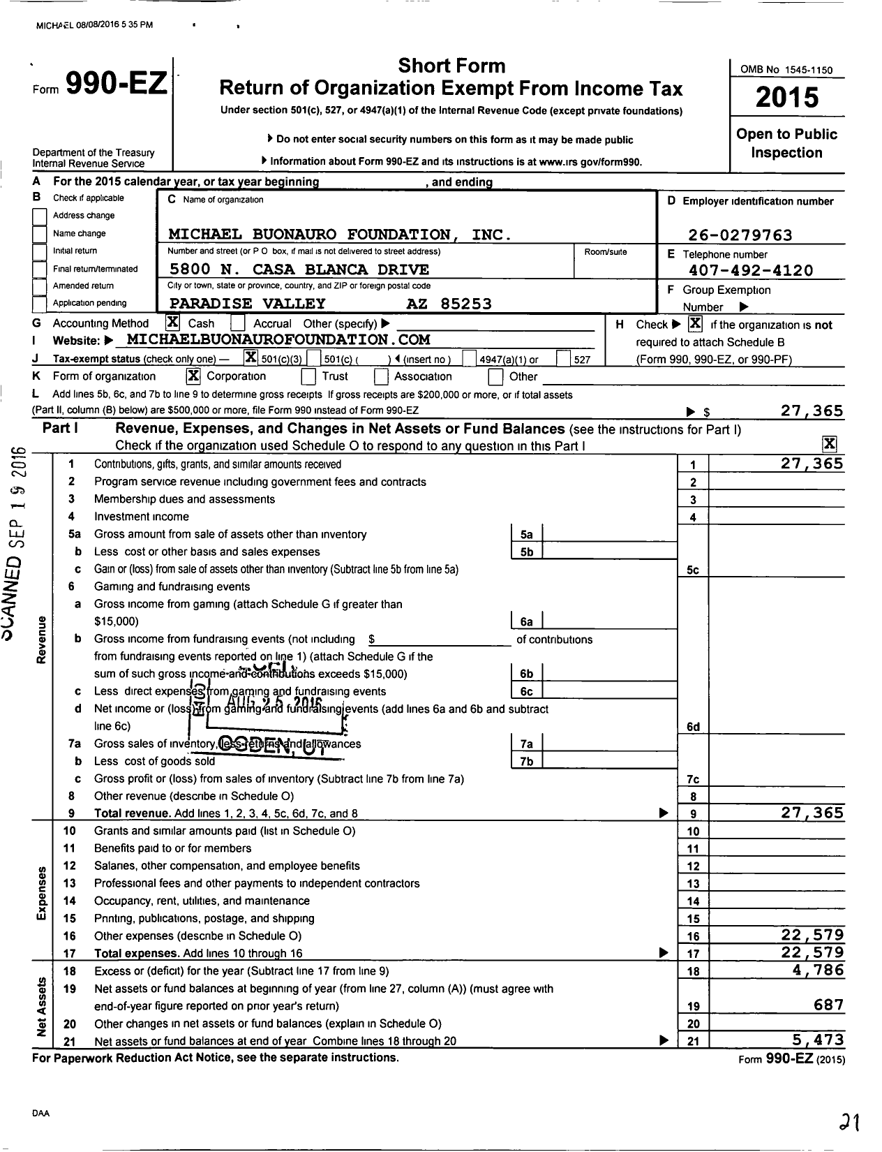 Image of first page of 2015 Form 990EZ for Michael Buonauro Foundation