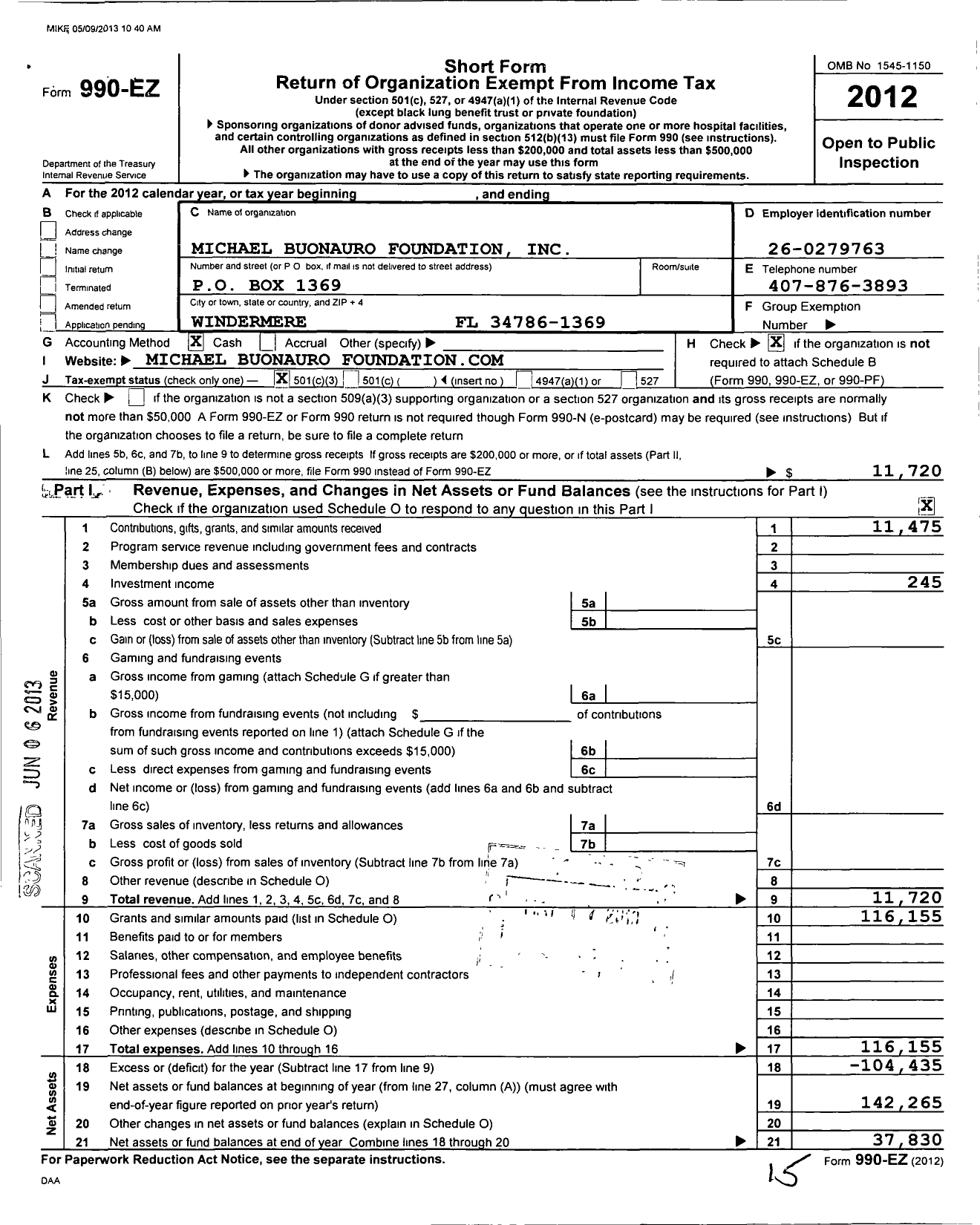 Image of first page of 2012 Form 990EZ for Michael Buonauro Foundation