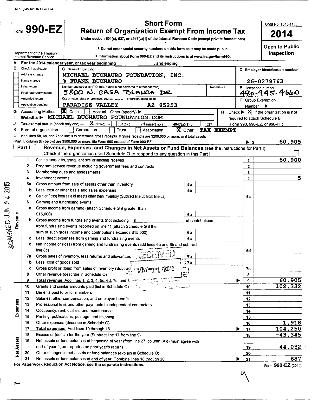 Image of first page of 2014 Form 990EZ for Michael Buonauro Foundation