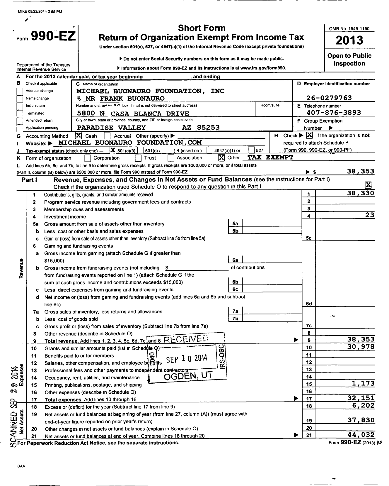 Image of first page of 2013 Form 990EZ for Michael Buonauro Foundation