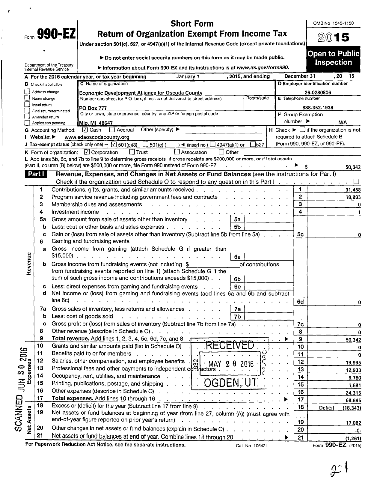 Image of first page of 2015 Form 990EZ for Economic Development Alliance for Oscoda County