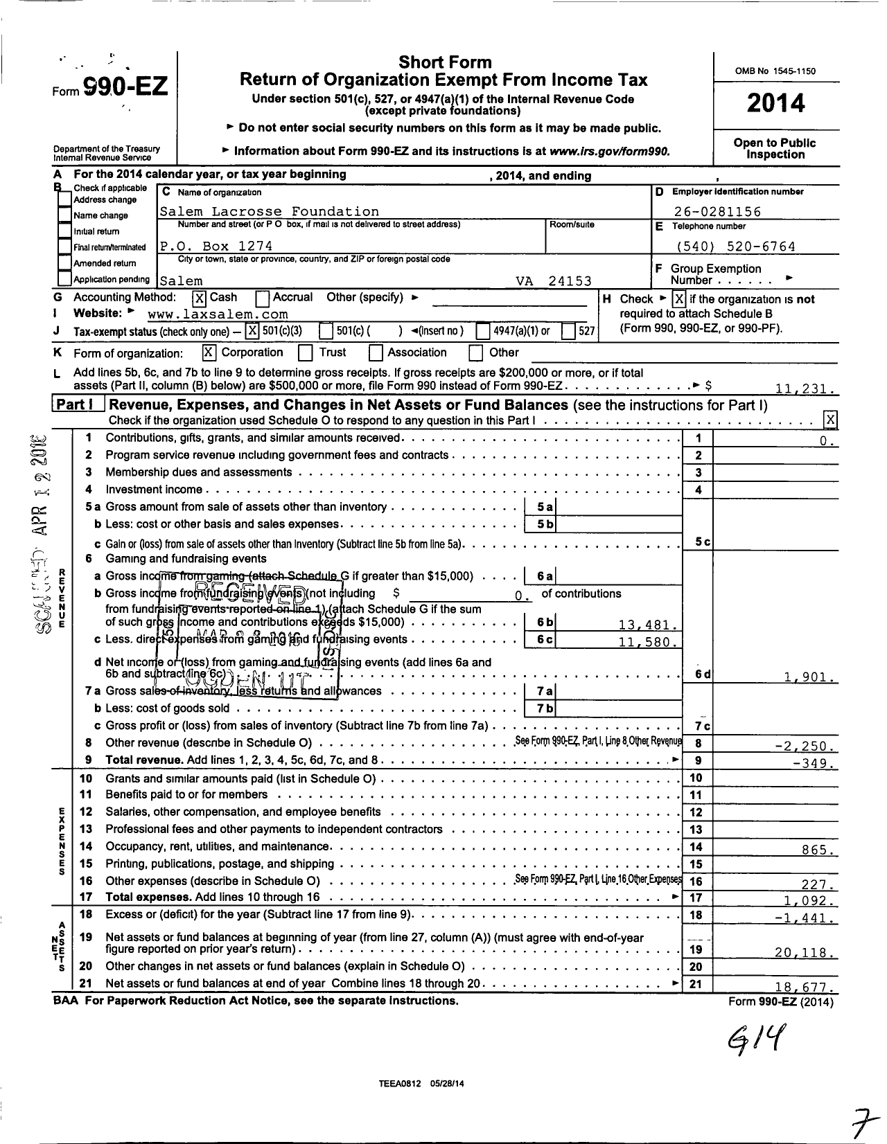 Image of first page of 2014 Form 990EZ for Salem Lacrosse Foundation