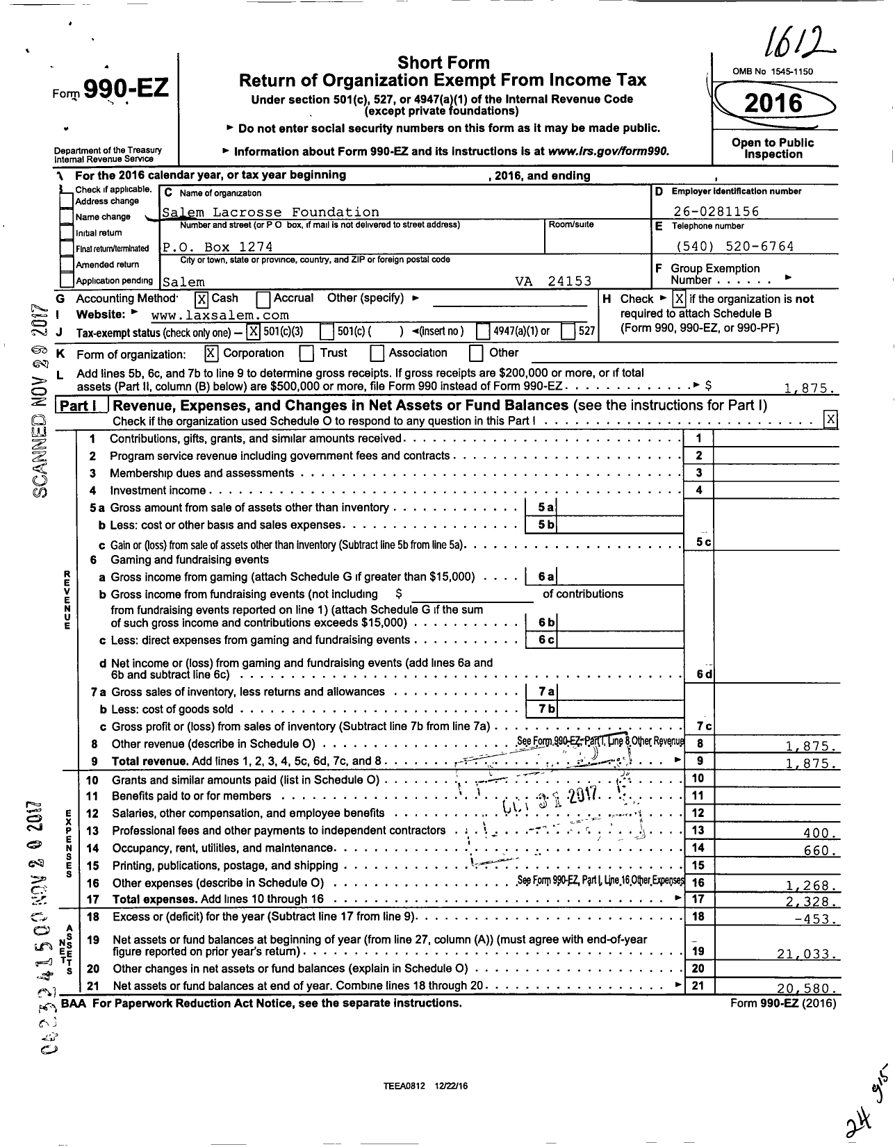 Image of first page of 2016 Form 990EZ for Salem Lacrosse Foundation