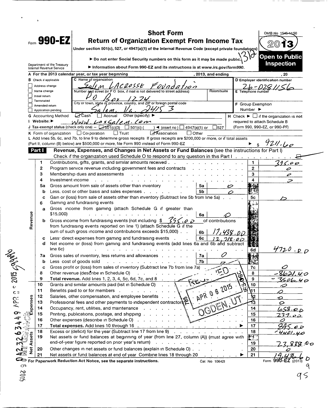 Image of first page of 2013 Form 990EZ for Salem Lacrosse Foundation