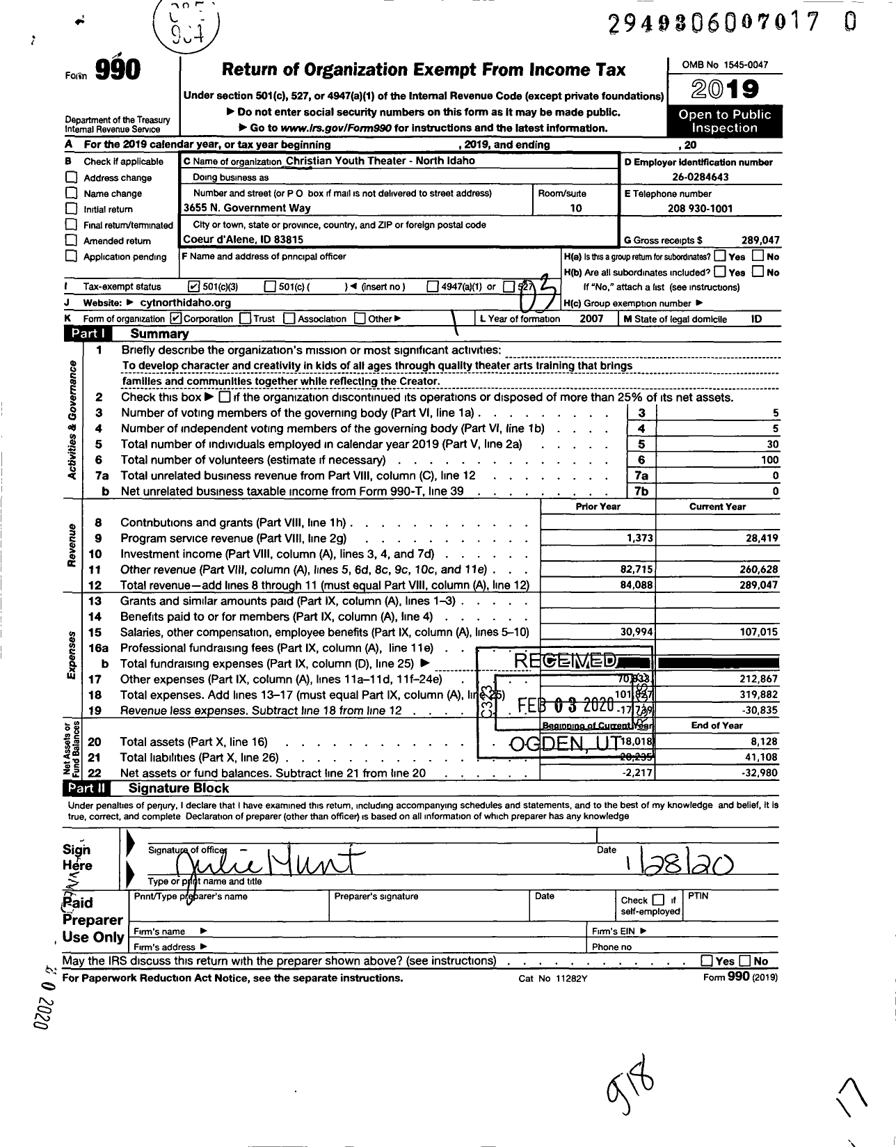 Image of first page of 2019 Form 990 for Christian Youth Theater - North Idaho