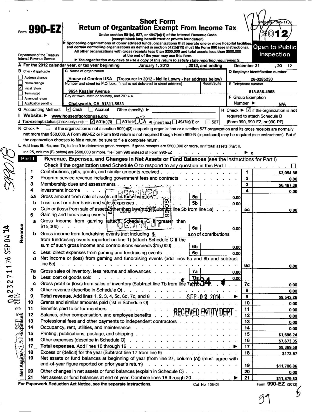 Image of first page of 2012 Form 990EZ for House of Gordon USA