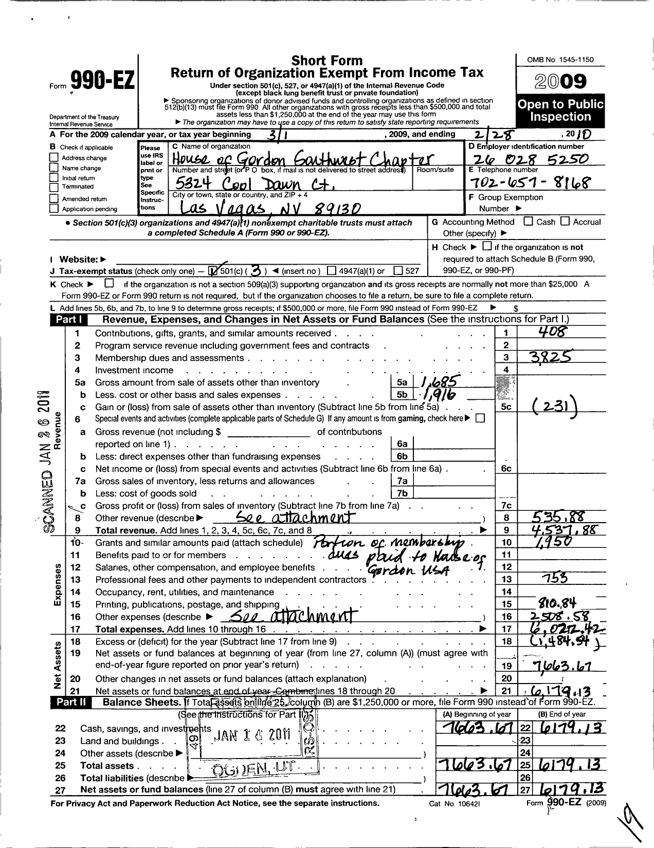 Image of first page of 2009 Form 990EZ for House of Gordon USA