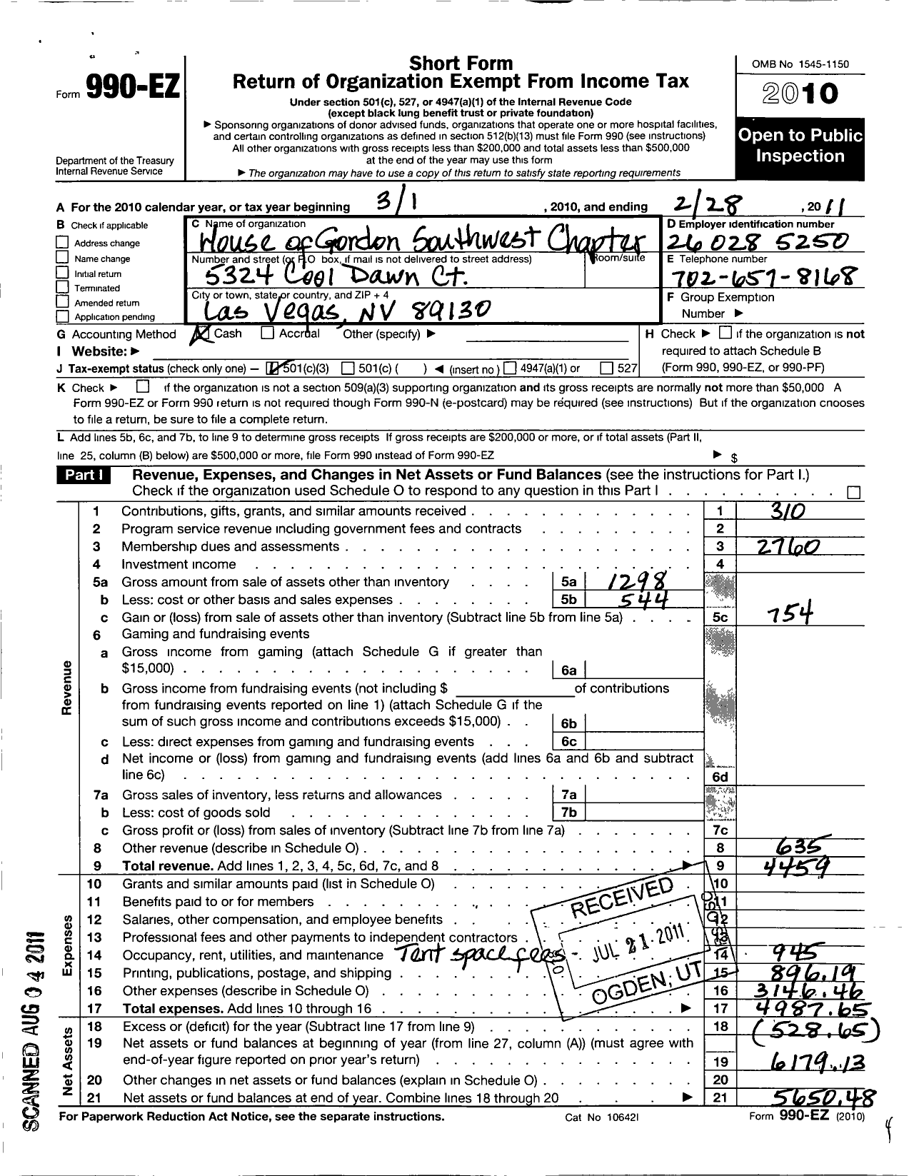 Image of first page of 2010 Form 990EZ for House of Gordon USA