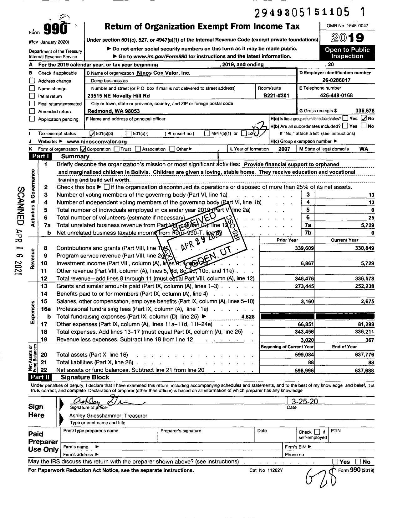 Image of first page of 2019 Form 990 for Ninos Con Valor