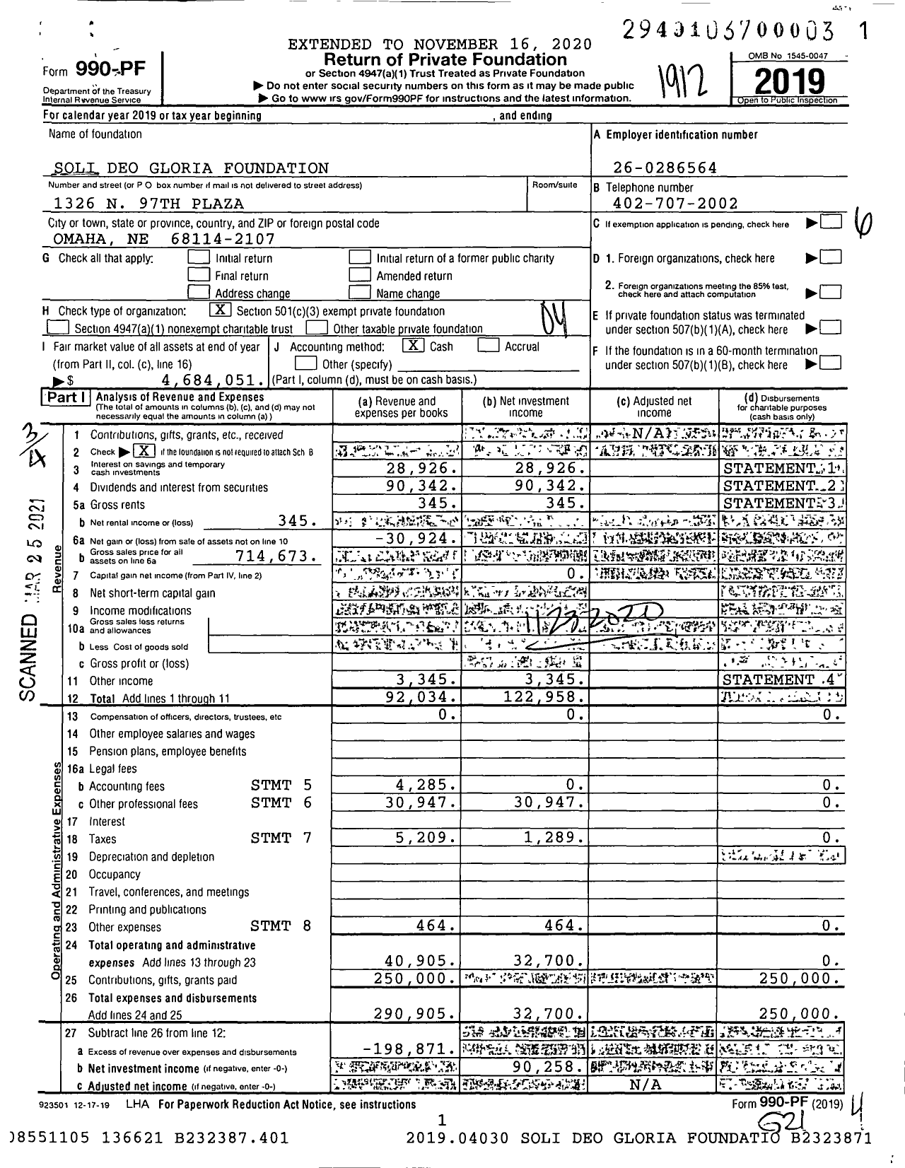 Image of first page of 2019 Form 990PF for Soli Deo Gloria Foundation