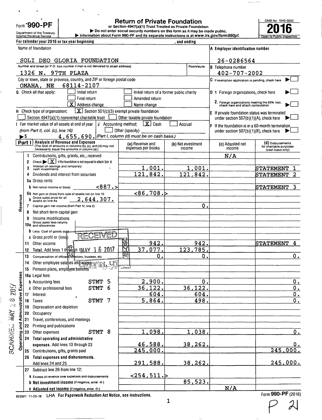 Image of first page of 2016 Form 990PF for Soli Deo Gloria Foundation