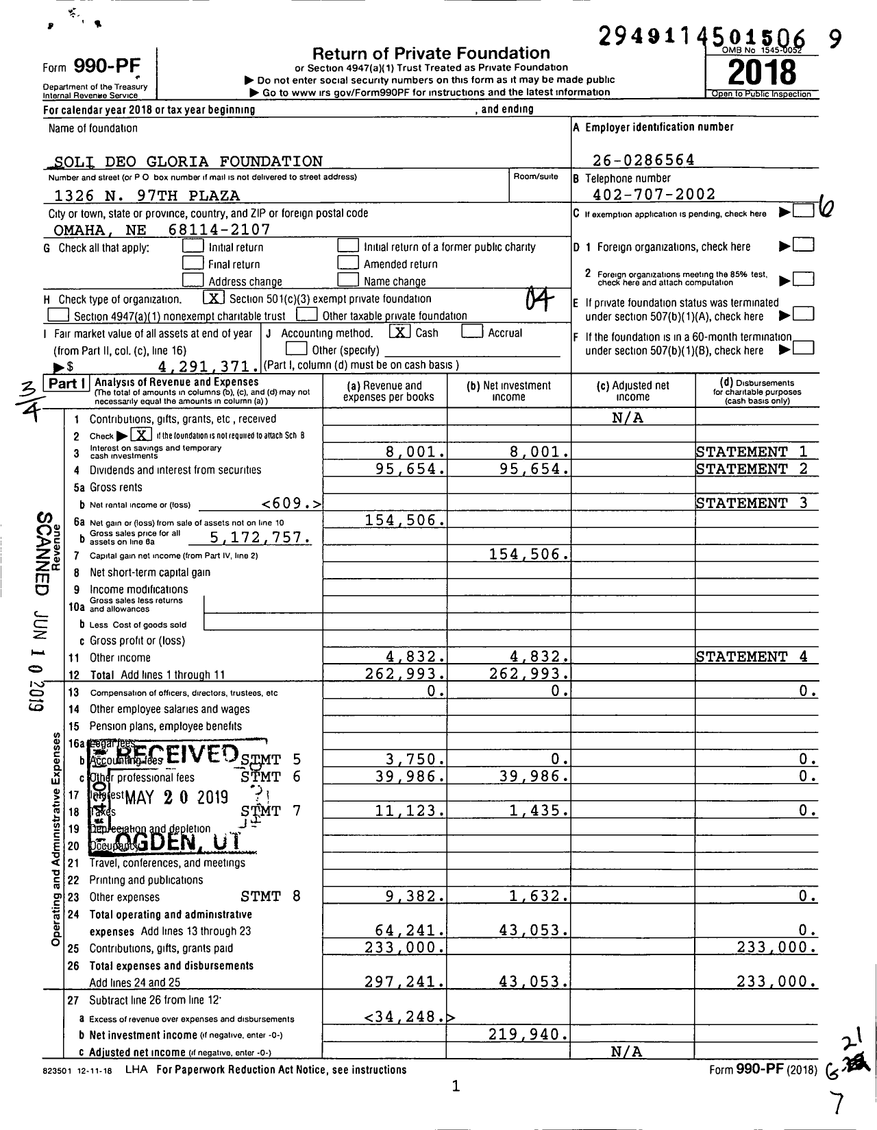 Image of first page of 2018 Form 990PF for Soli Deo Gloria Foundation