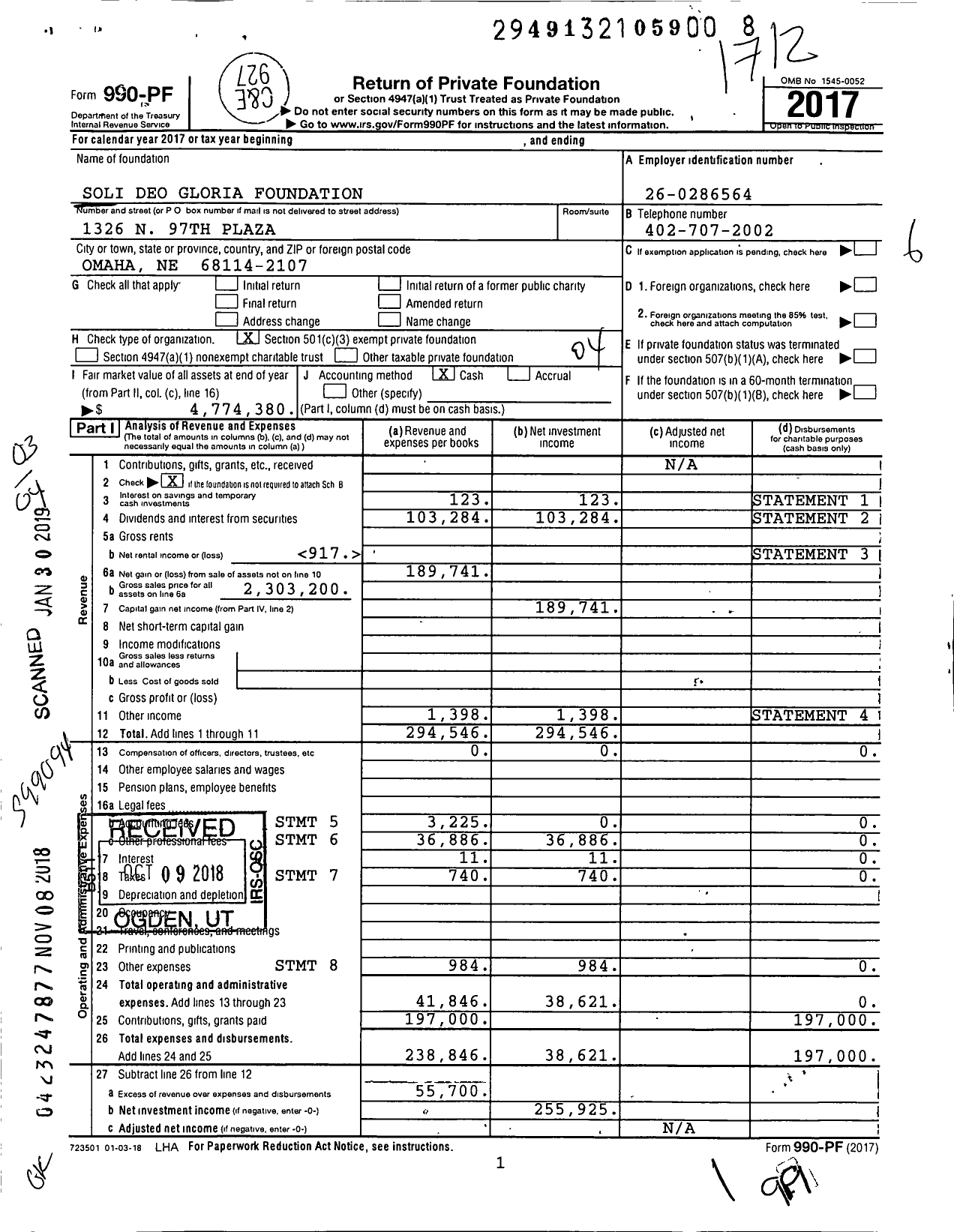 Image of first page of 2017 Form 990PF for Soli Deo Gloria Foundation