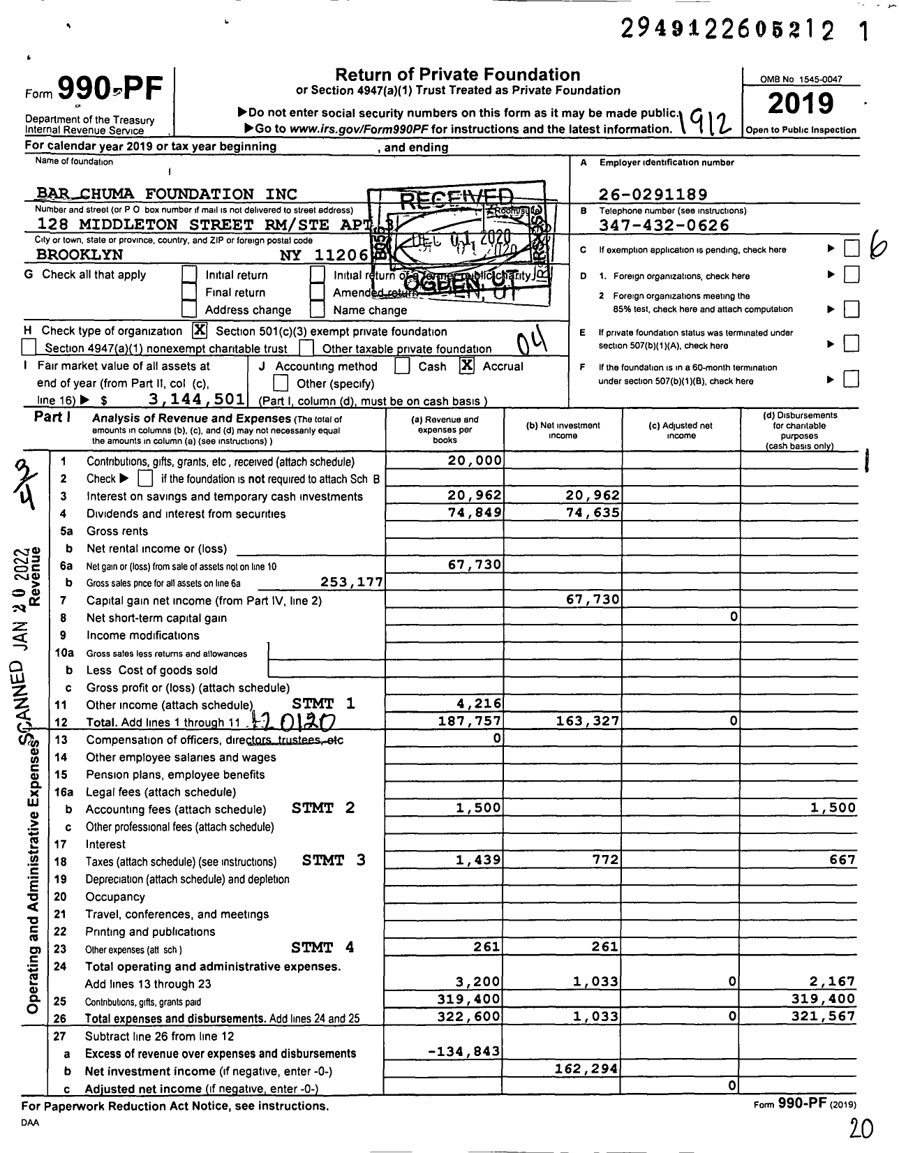 Image of first page of 2019 Form 990PF for Bar Chuma Foundation