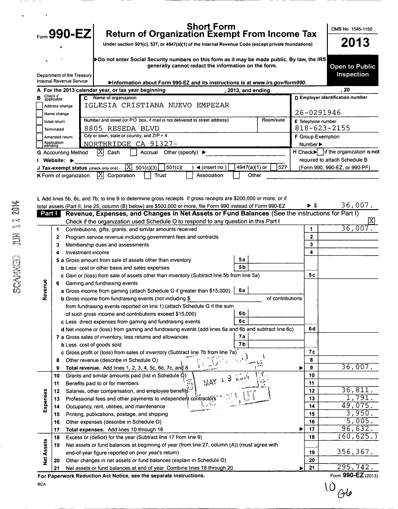 Image of first page of 2013 Form 990EZ for Iglesia Cristiana Nuevo Empezar