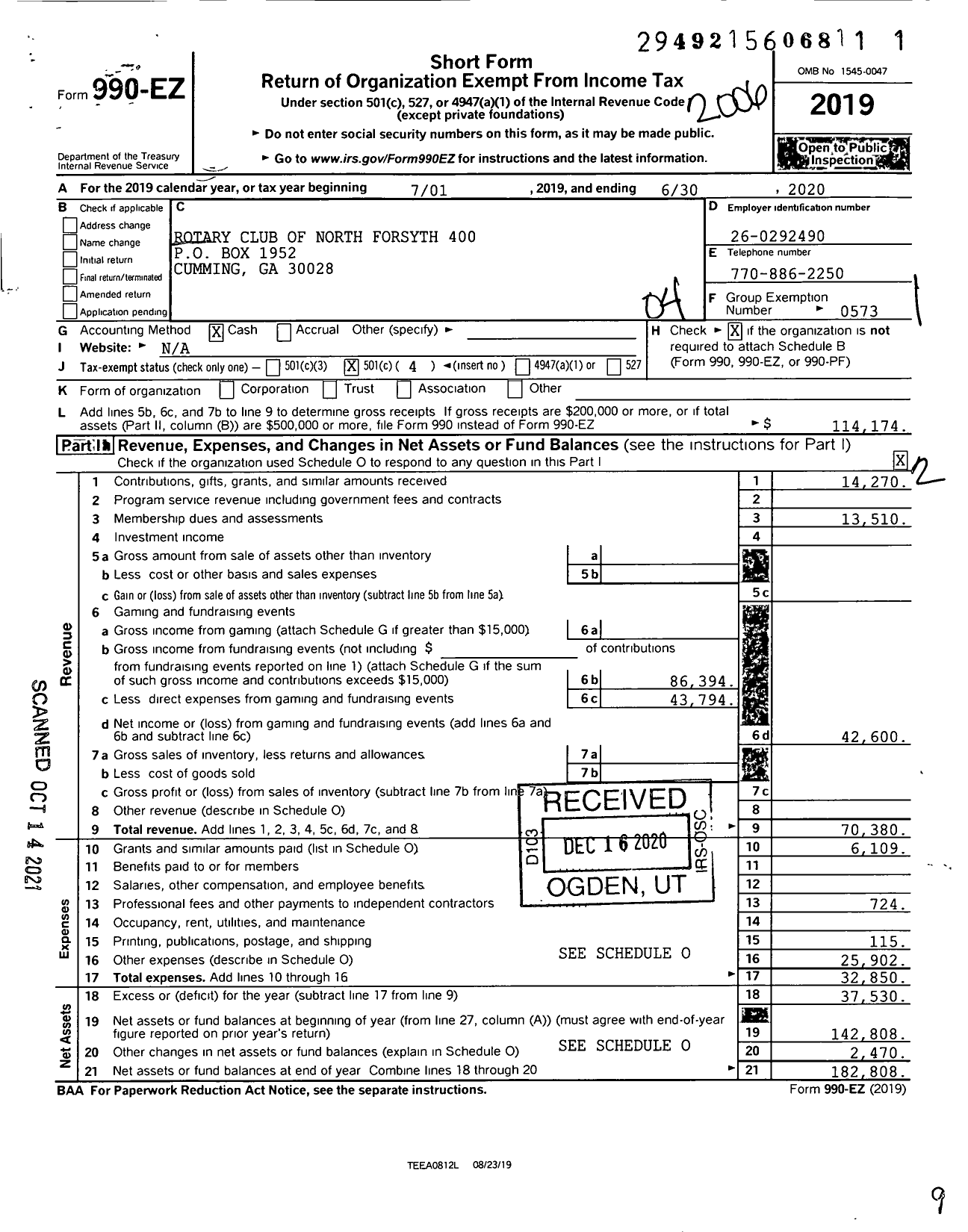 Image of first page of 2019 Form 990EO for Rotary International - North Forsyth-400 Ga Rotary Club