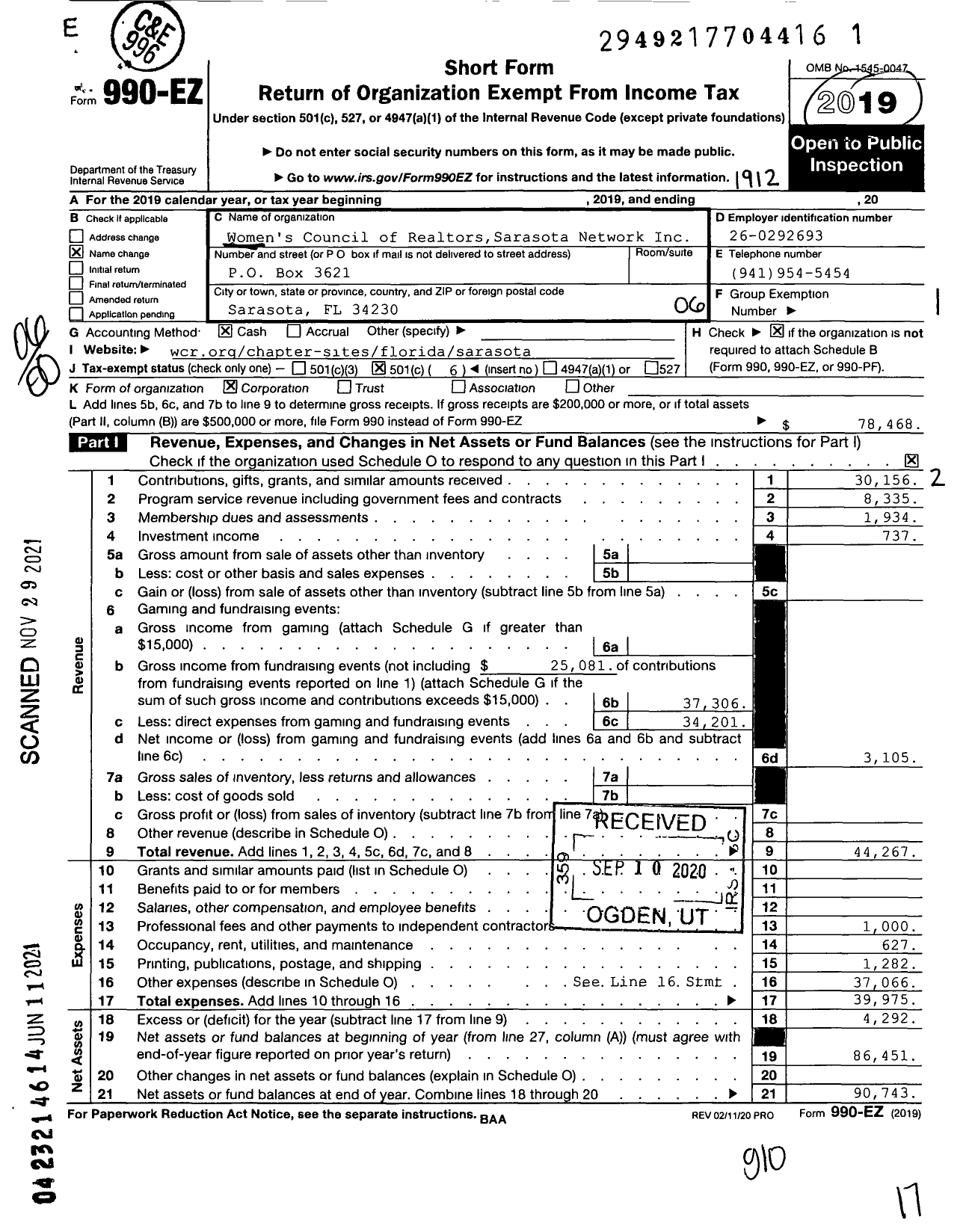 Image of first page of 2019 Form 990EO for The Womens Council of Realtors Sarasota Chapter