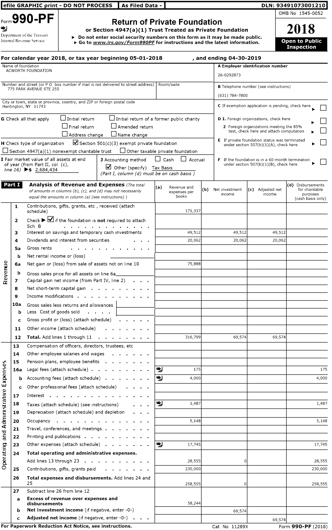 Image of first page of 2018 Form 990PR for Acworth Foundation
